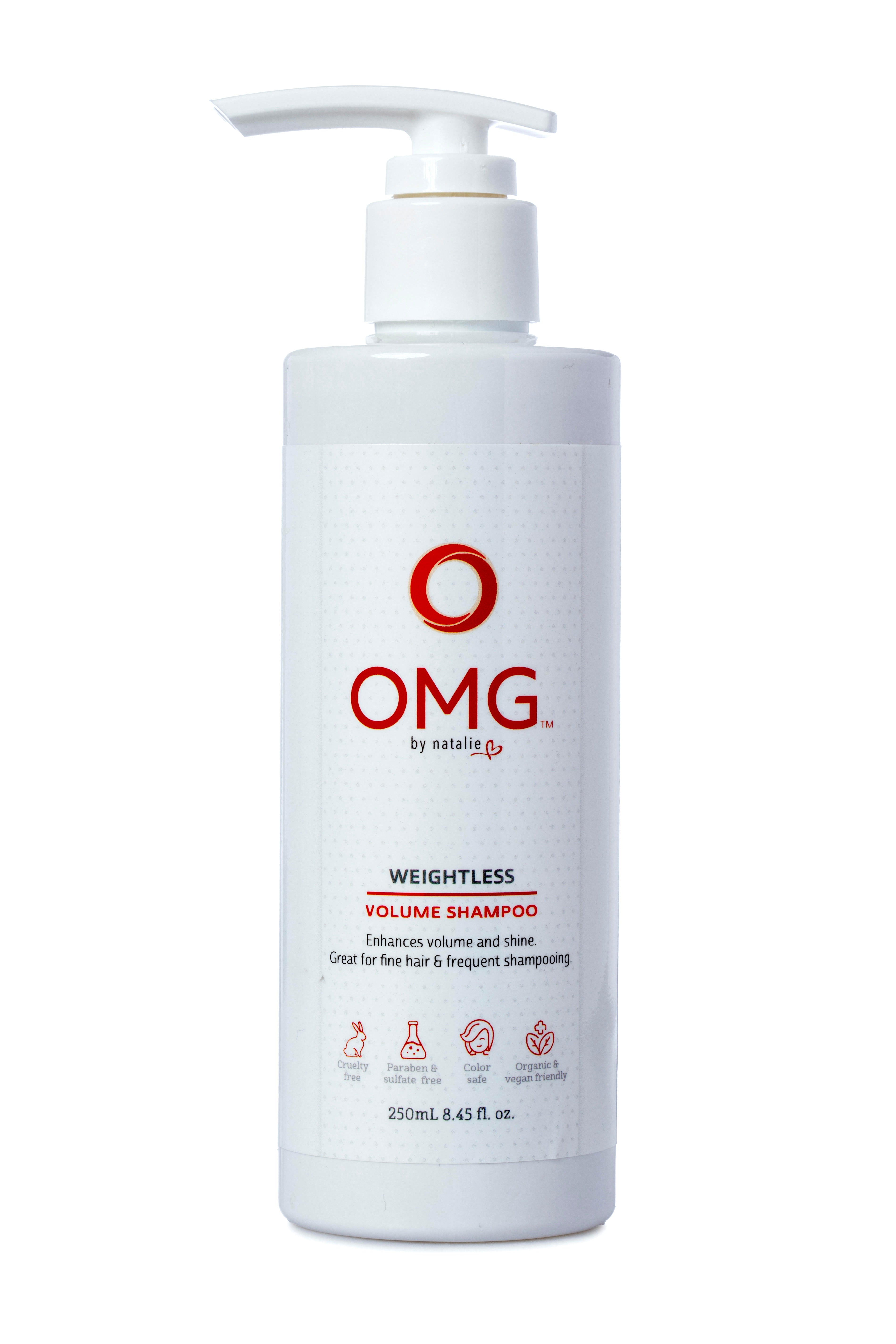 OMG Weightless Volume Shampoo. 8.45 fl. oz. White pump bottle. Enhances volume and shine, perfect for fine hair and frequent use. Cruelty Free, Paraben and Sulphate Free, Color Safe, Natural and Certified Organic Ingredients, Vegan Friendly.
