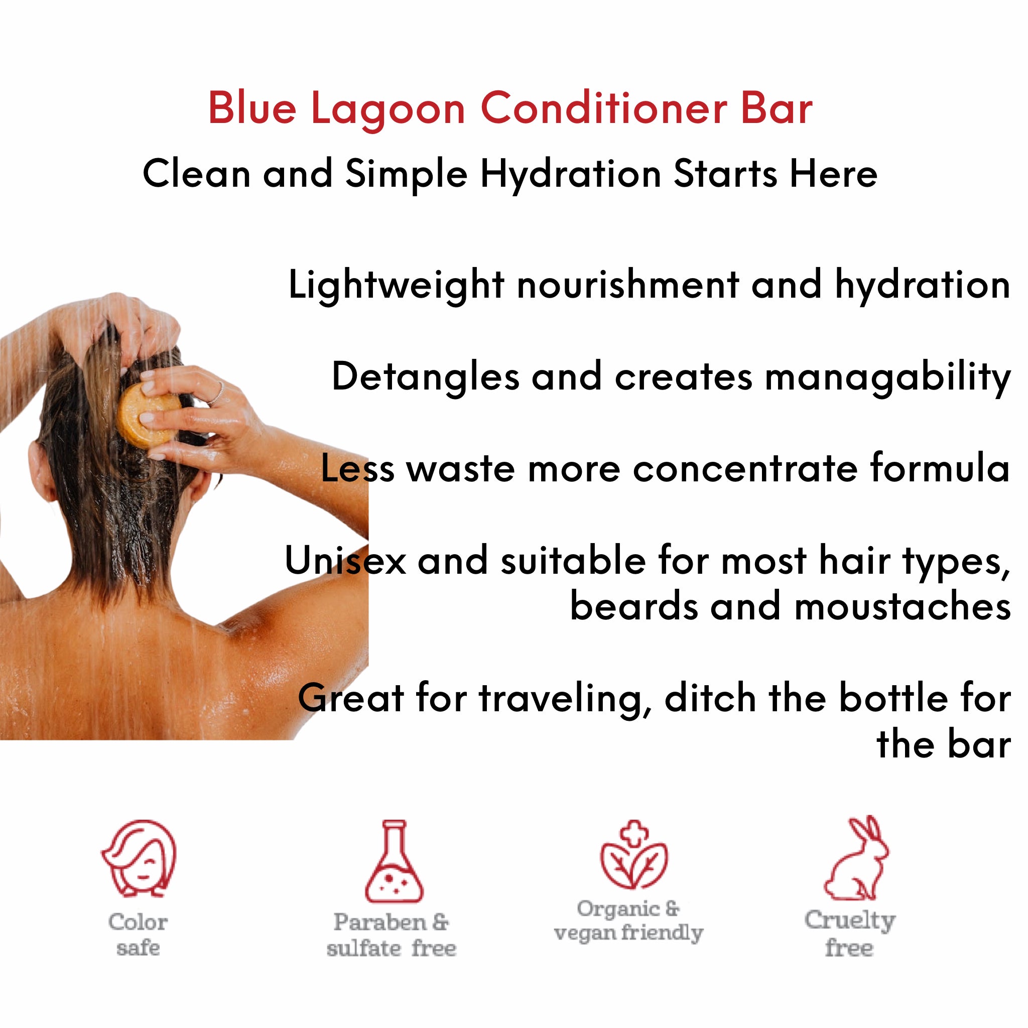 OMG Blue Lagoon Conditioner Bar. Lightweight nourishment and hydration. Eco Friendly, less waste, concentrated formula. Unisex formula suitable for most hair types, including beards and moustaches. Great for travelling. Color safe, paraben and sulphate free, vegan friendly, cruelty free, ingredients derived from nature.