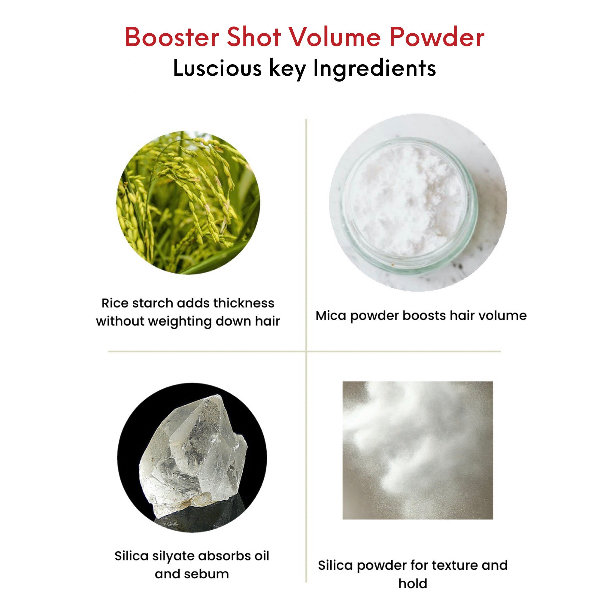 OMG Booster Shot Volume Powder key ingredients; Rice starch adds thickness without weighting down the hair, Mica powder boosts hair volume, Silica Silyate absorbs oil and scalp sebum, Silca powder for texture and hold.