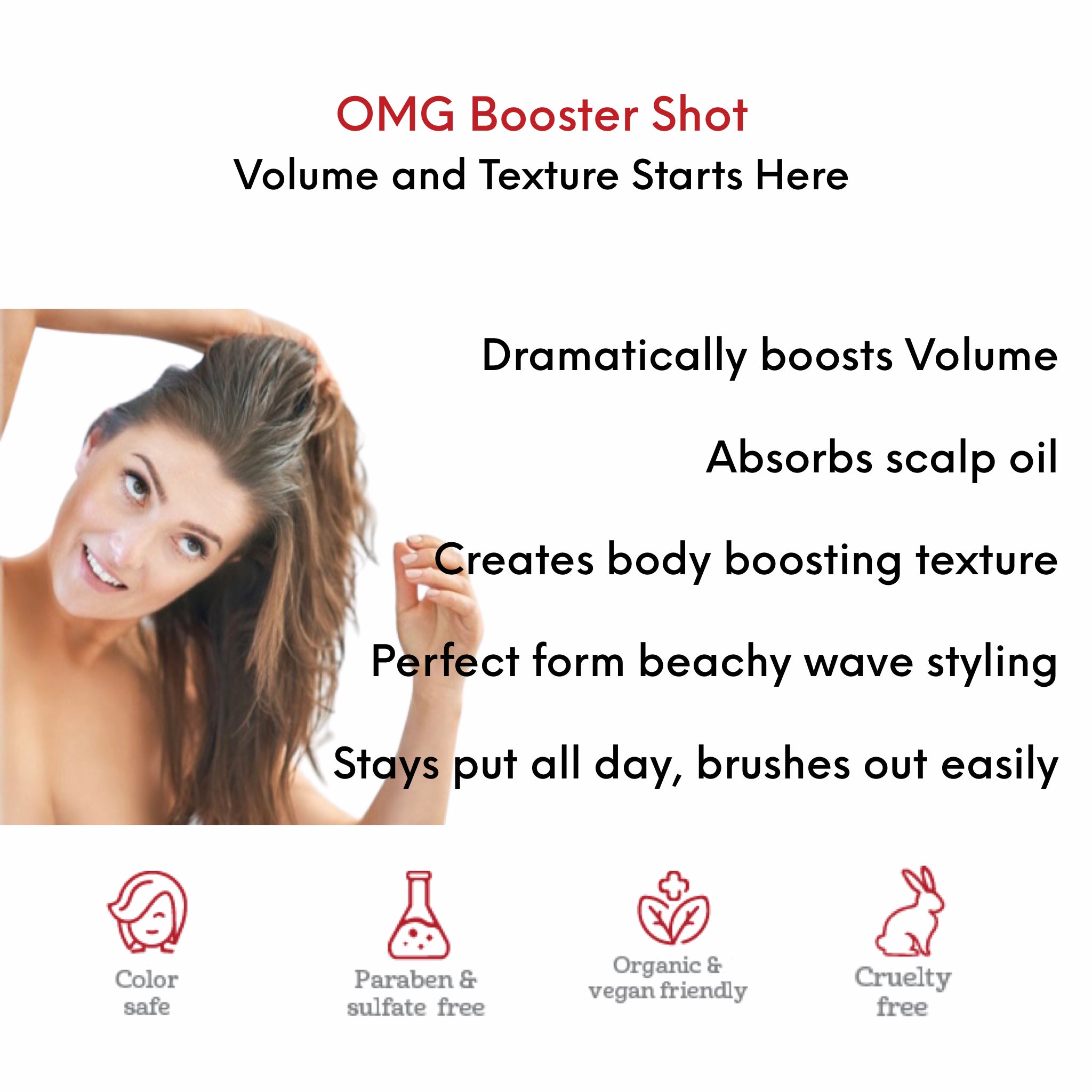 OMG Booster Shot Volume Powder benefits and use card showing woman using OMG Booster Shot Volume powder to create hair volume and hair texture, absorbs scalp oil, stays put all day and brushes out easily.