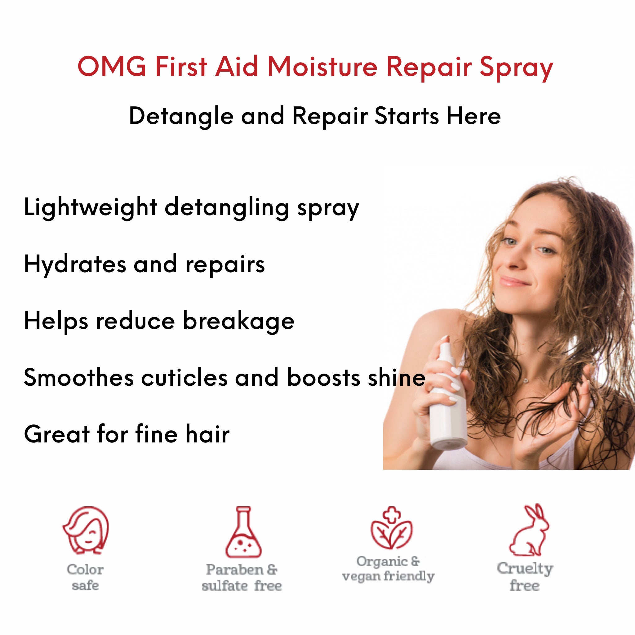 OMG First Aid Moisture Repair Spray benefits and use card showing woman spritzing OMG First Aid Moisture and Repair spray onto clean damp hair to detangle, hydrate and repair hair.
