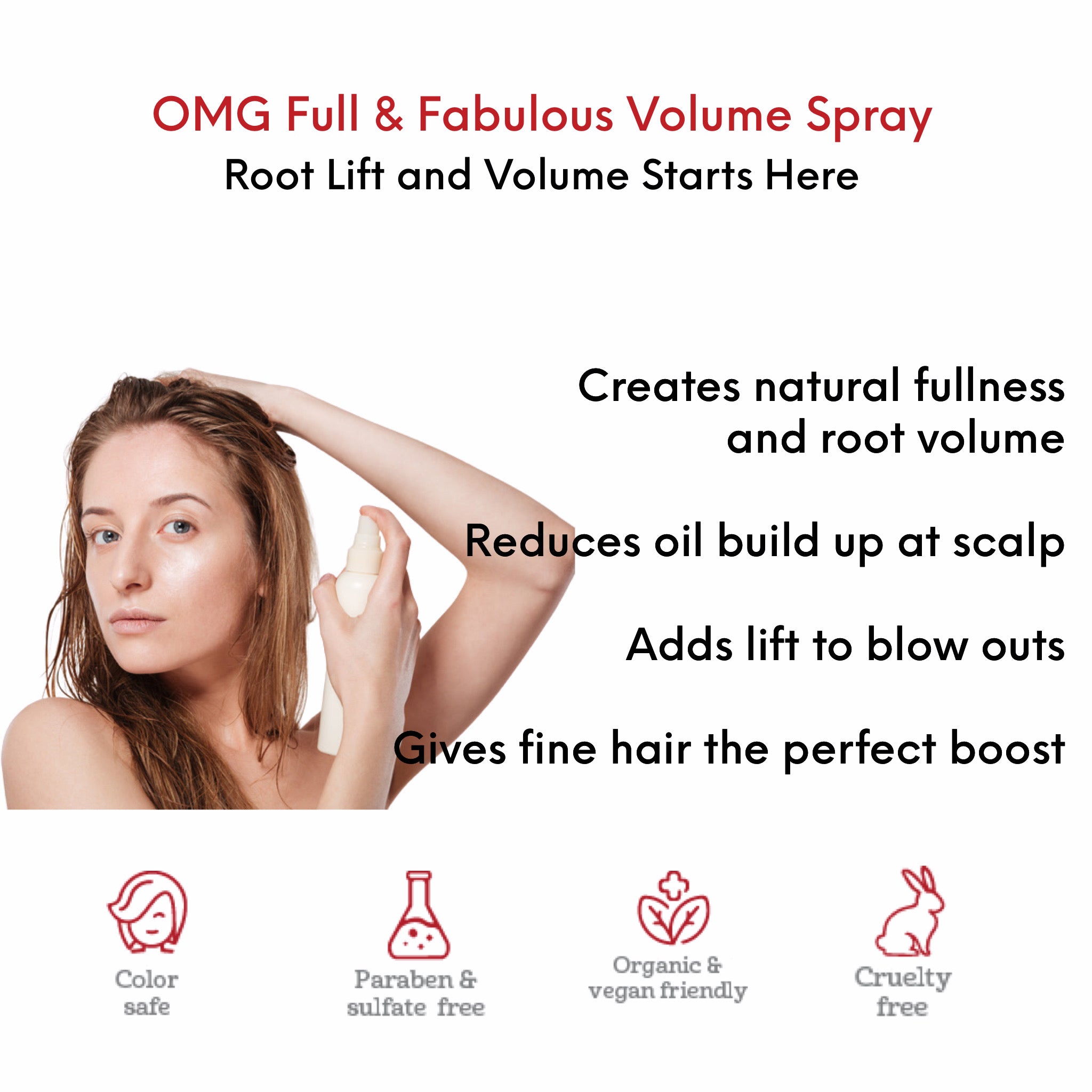 OMG Full and Fabulous Volumizing Styling Spray benefits and use card showing woman spritzing OMG Full and Fabulous Volumizing Styling Spray to roots of clean damp hair, to create natural fullness, root volume and lift to blow outs.
