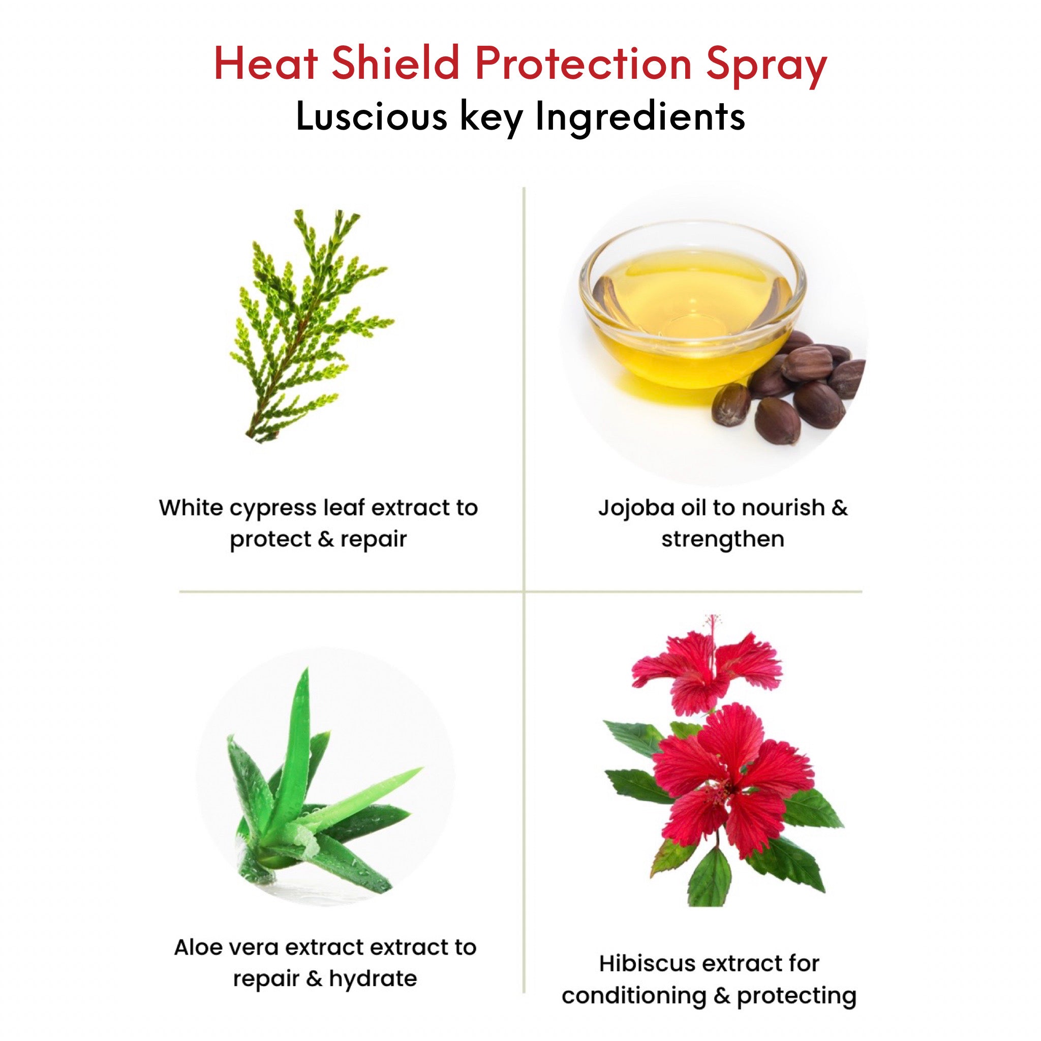 OMG Heat Shield Heat Protection Spray key ingredients. White cypress leaf extract to protect and repair. Jojoa oil to nourish and strengthen, Aloe vera extract to repair and hydrate. Hibiscus extract for conditioning and protecting.