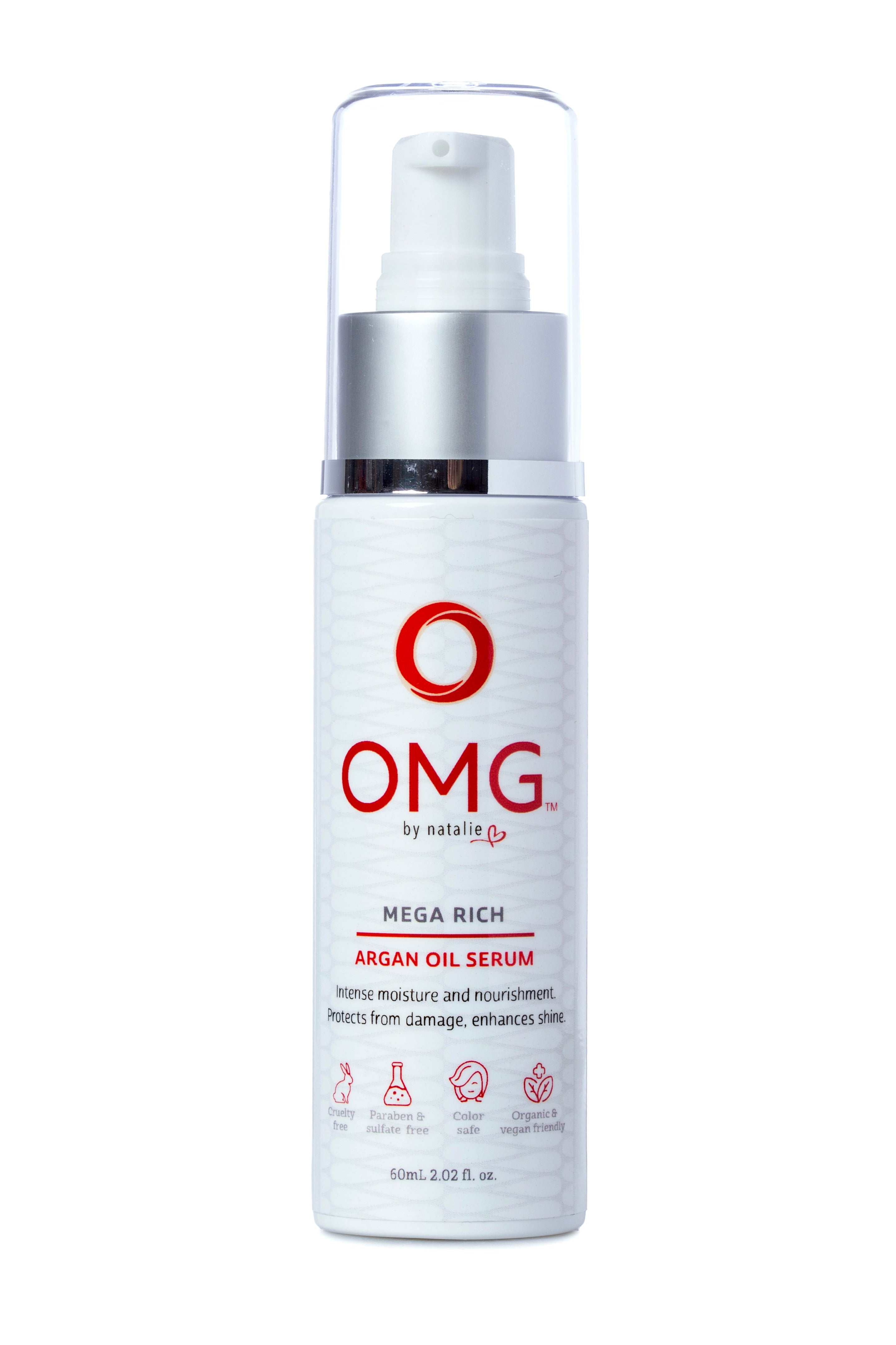 OMG Mega Rich Argan Oil Serum 2.02 fl. oz. white pump bottle. Intense moisture and nourishment. Paraben & sulphate free, color safe, natural and certified organic ingredients, vegan friendly.