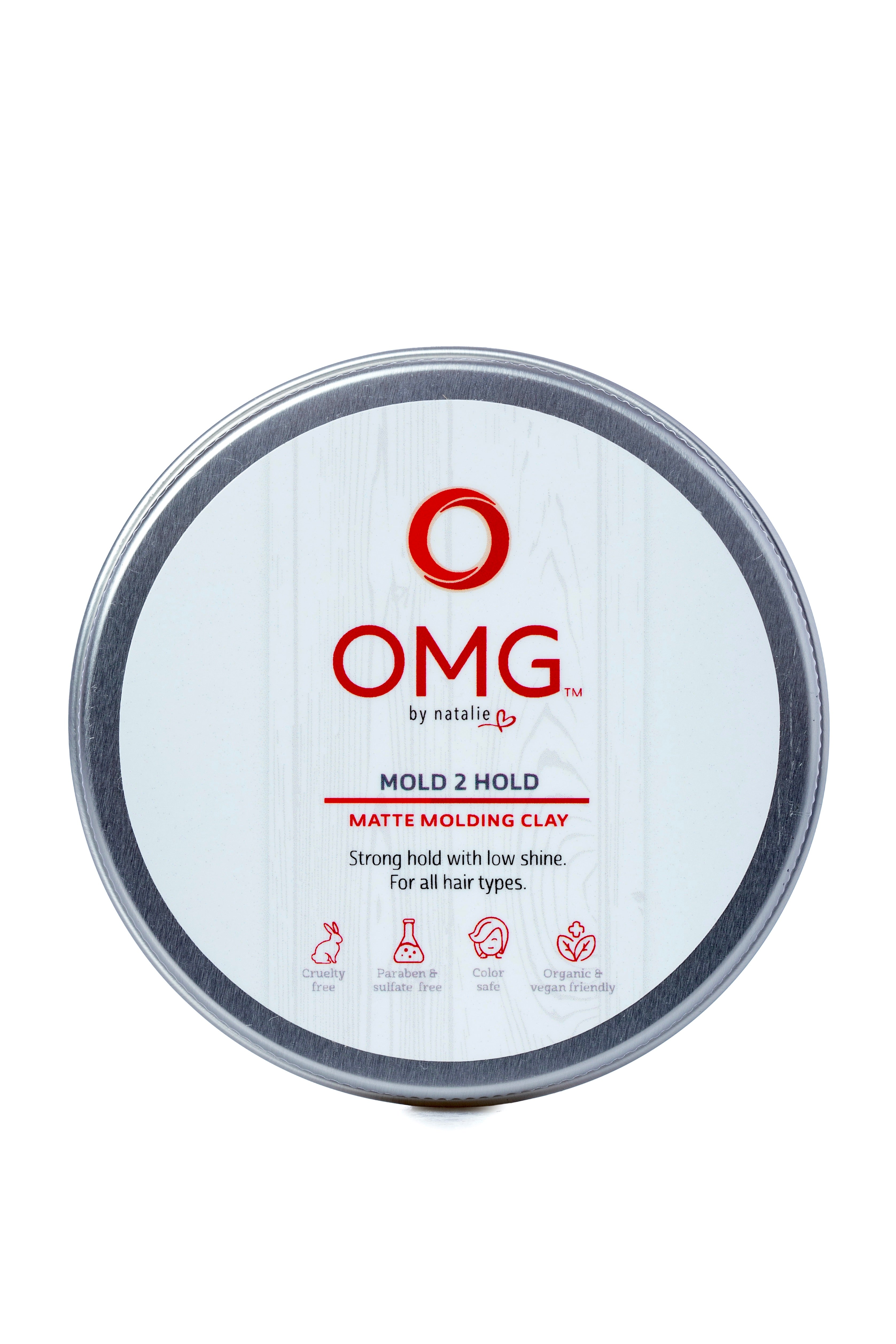 OMG Mold 2 Hold Matte Molding clay, water soluble unisex hair clay with a strong hold and low shine. Travel friendly in a lightweight 3.5oz aluminum tin. Sulphate free, Paraben free, Vegan, natural and organic, vegan, color safe and cruelty fee.