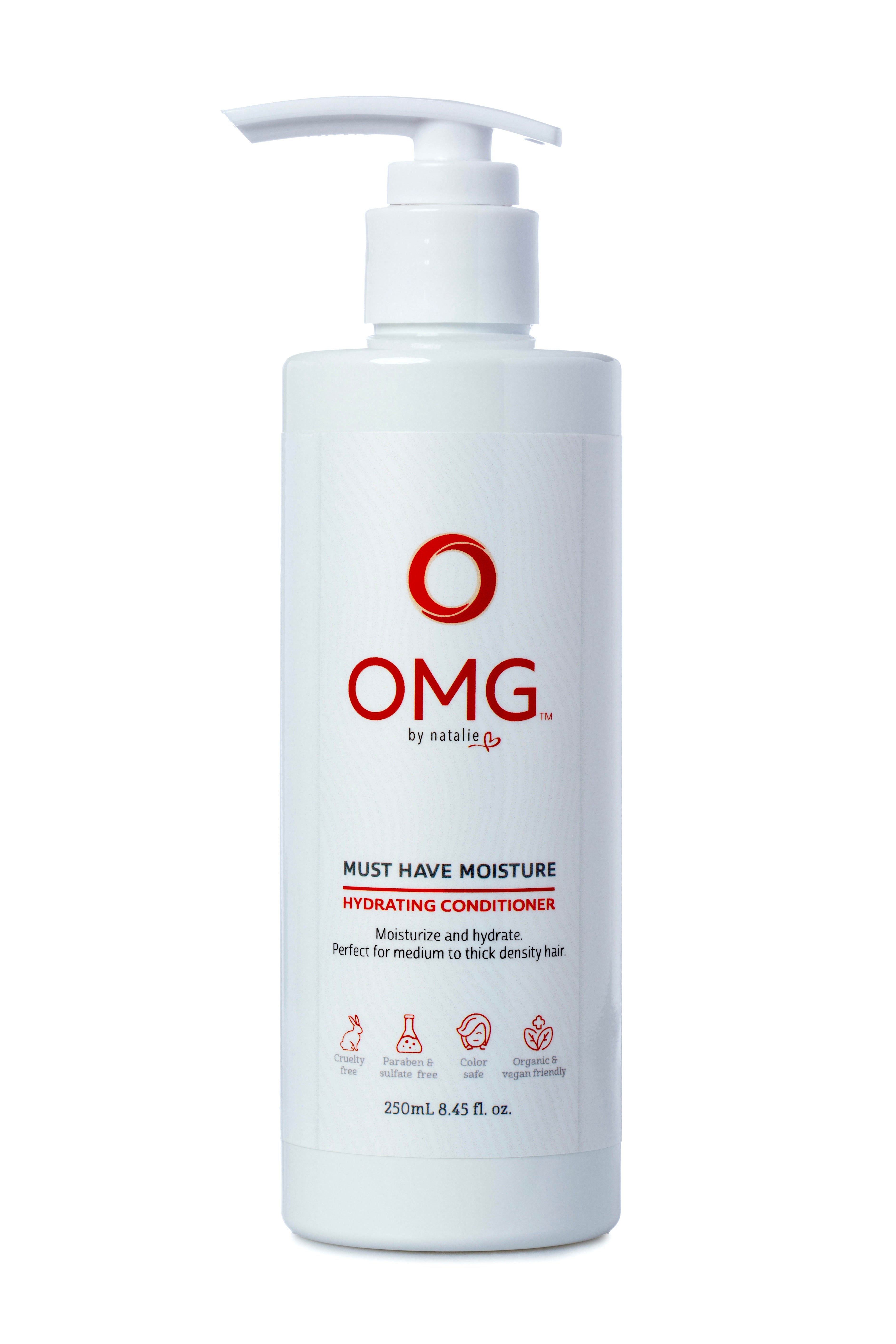 OMG Must Have Moisture Hydrating Conditioner. 8.45 fl. oz. White pump bottle. Perfect for medium to thick density hair. Cruelty Free, Paraben and Sulphate Free, Color Safe, Natural and Certified Organic Ingredients, Vegan Friendly.