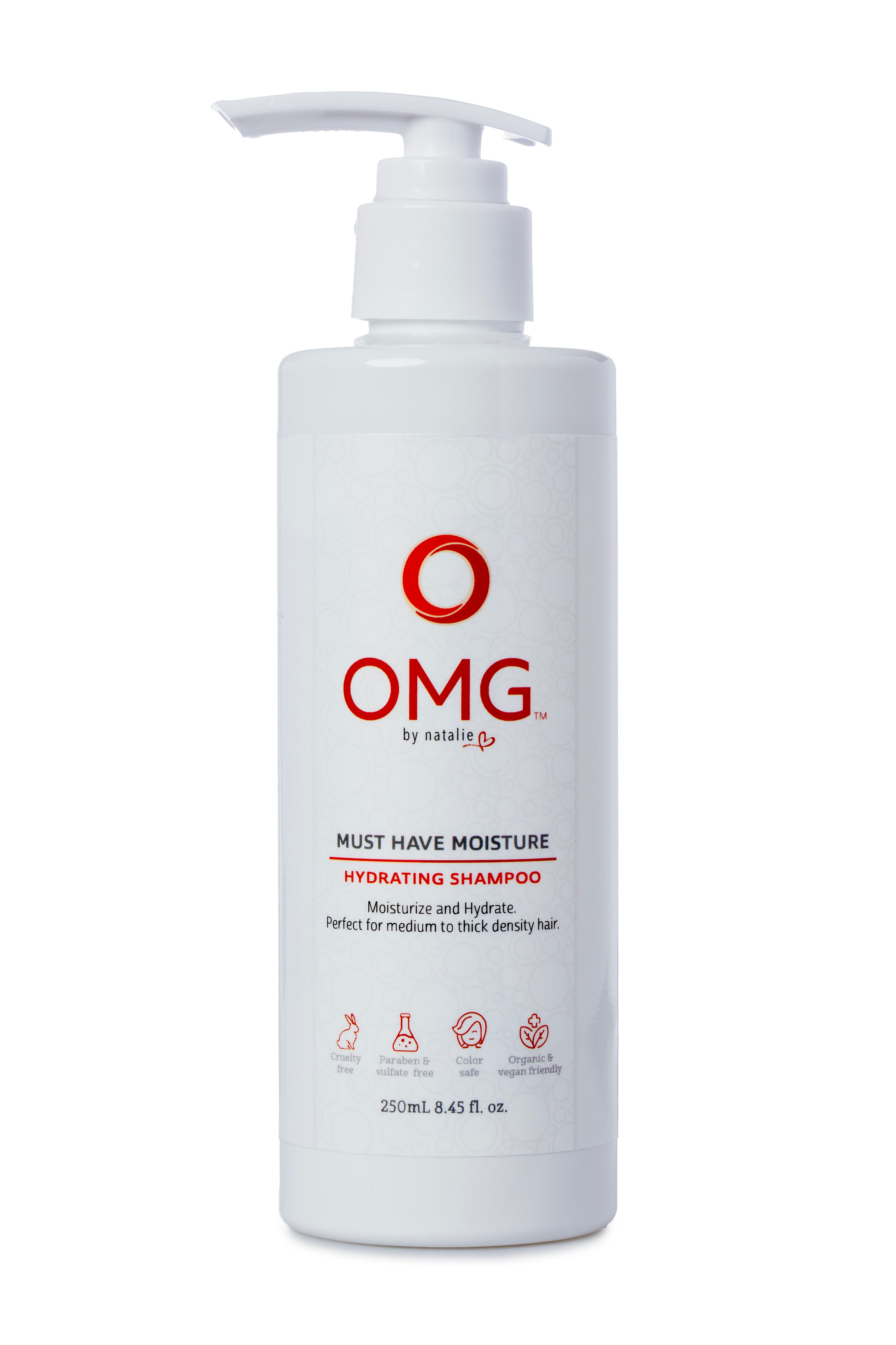 OMG Must Have Moisture Hydrating Shampoo. 8.45 fl. oz. White pump bottle. Perfect for medium to thick density hair. Cruelty Free, Paraben and Sulphate Free, Color Safe, Natural and Certified Organic Ingredients, Vegan Friendly.