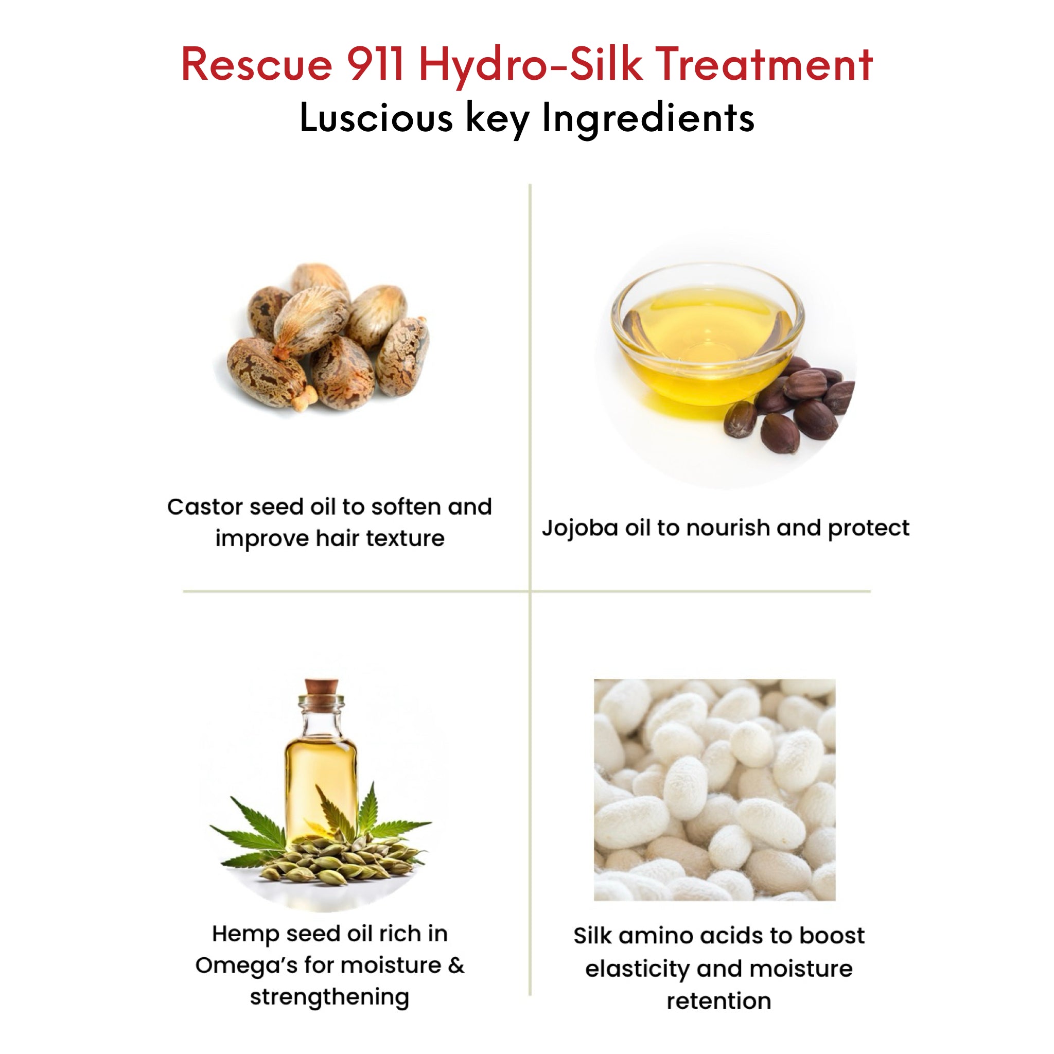 OMG Rescue 911 Hydro Silk Treatment Key Ingredients. Castor Seed Oil to soften and improve hair texture. Jojoba Oil to nourish and protect. Hemp seed oil rich in Omega's for moisture and strengthening. Silk Amino acids to boost elasticity and moisture retention.