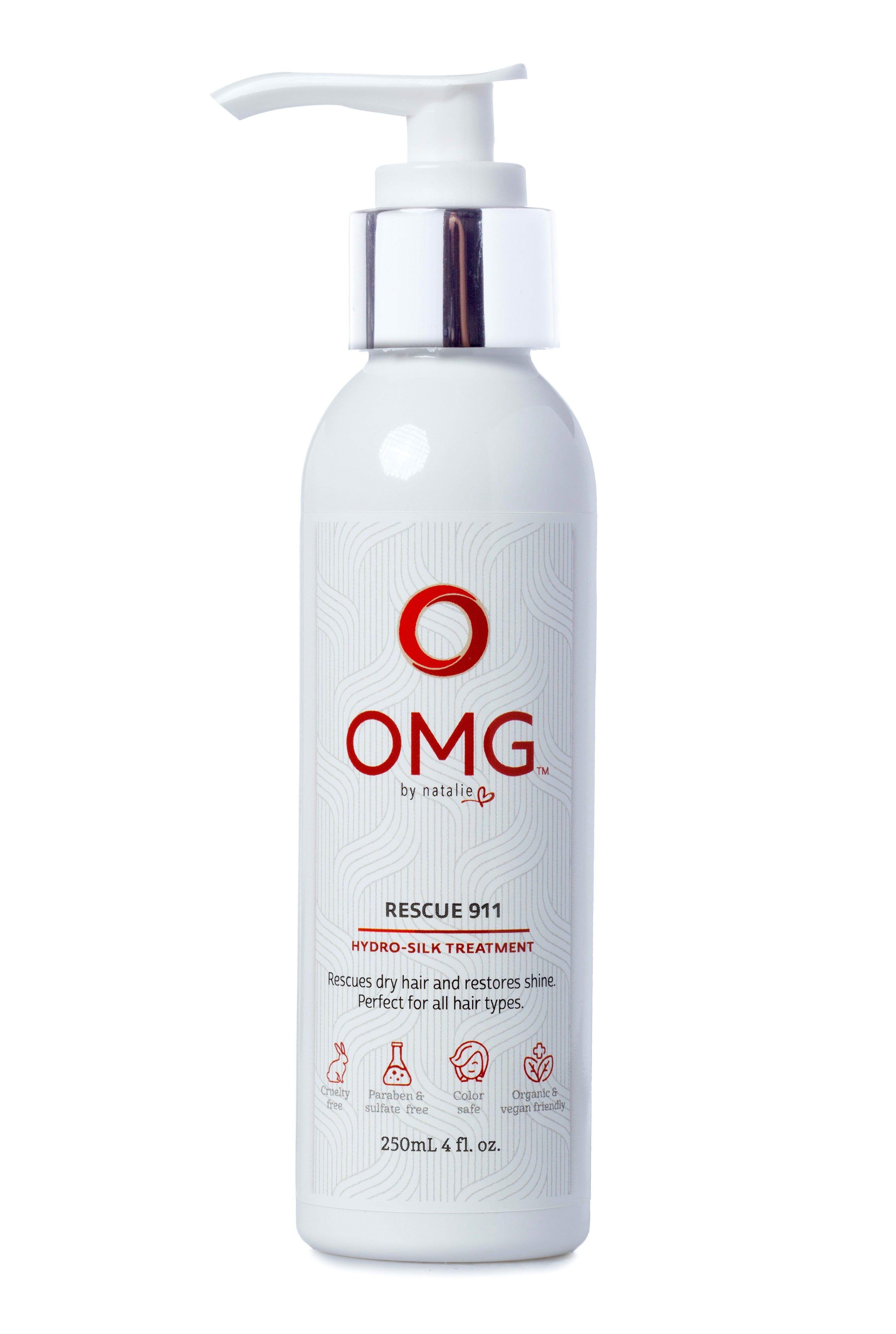 OMG Rescue 911 Hydro-Silk Treatment. 4 fl. oz. white pump bottle. Leave in treatment for dry hair, Cruelty free, Paraben and Sulphate free, Color safe, natural and certified organic ingredients, vegan friendly.