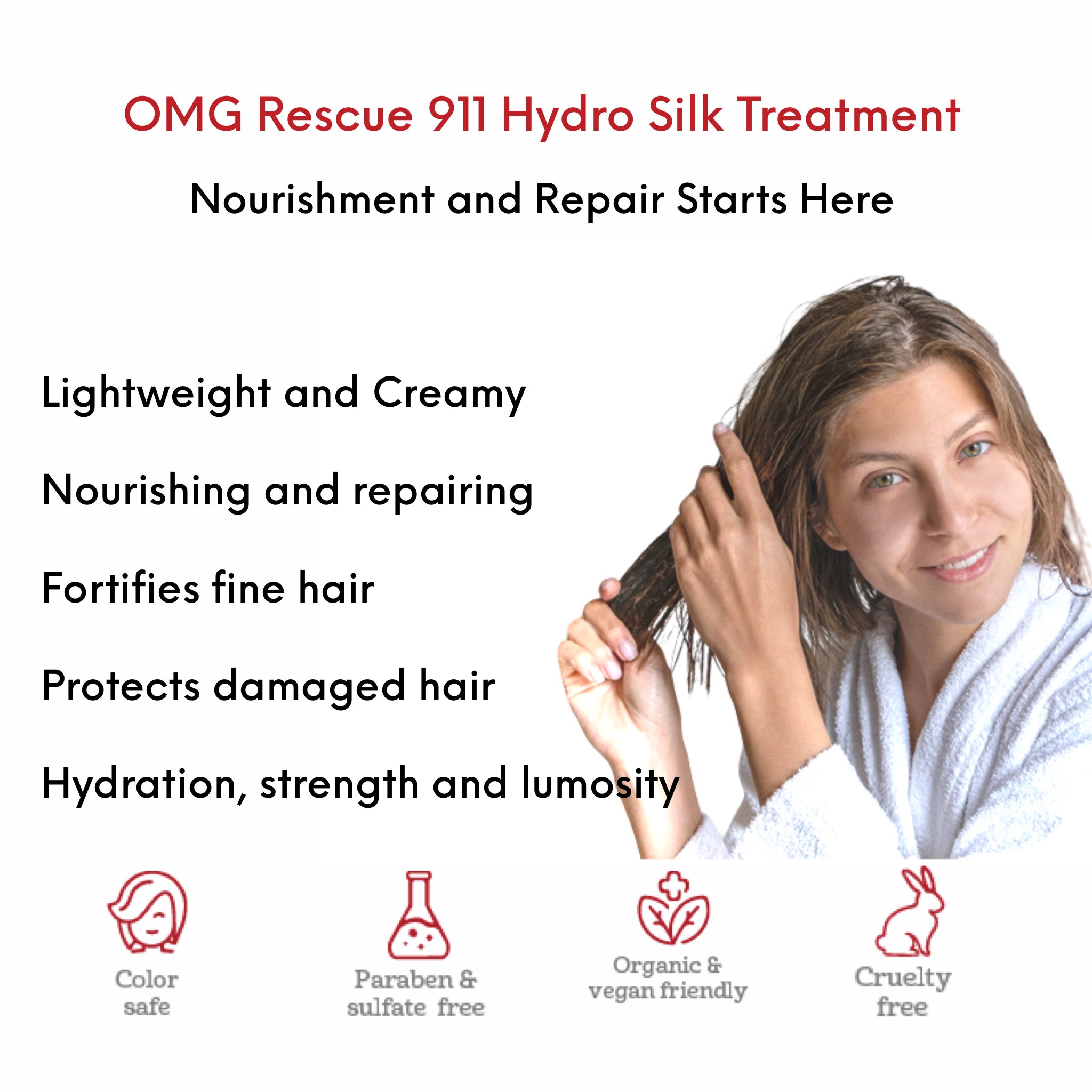 OMG Rescue 911 Hydro Silk Treatment benefits and use card showing woman applying OMG Rescue 911 Hydro Silk Treatment lotion into mid lengths and end of clean, damp hair to nourish, repair and fortify weak damaged hair. Lightweight and creamy formula, Nourishing and repairing, fortifies fine hair, protects damage hair. Hydration, strength and lumosity