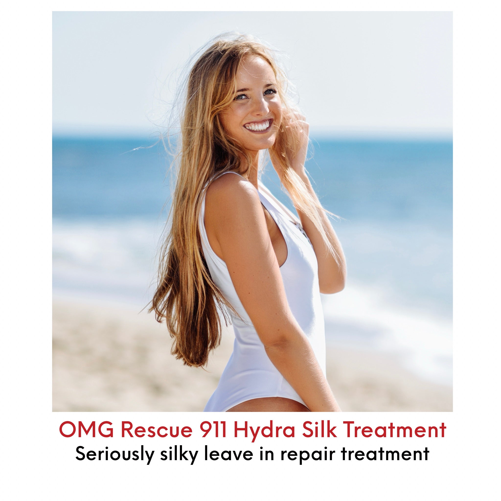 Naturally beautiful young woman at the beach, with blonde, silky smooth hair, embracing the sun and fresh air.