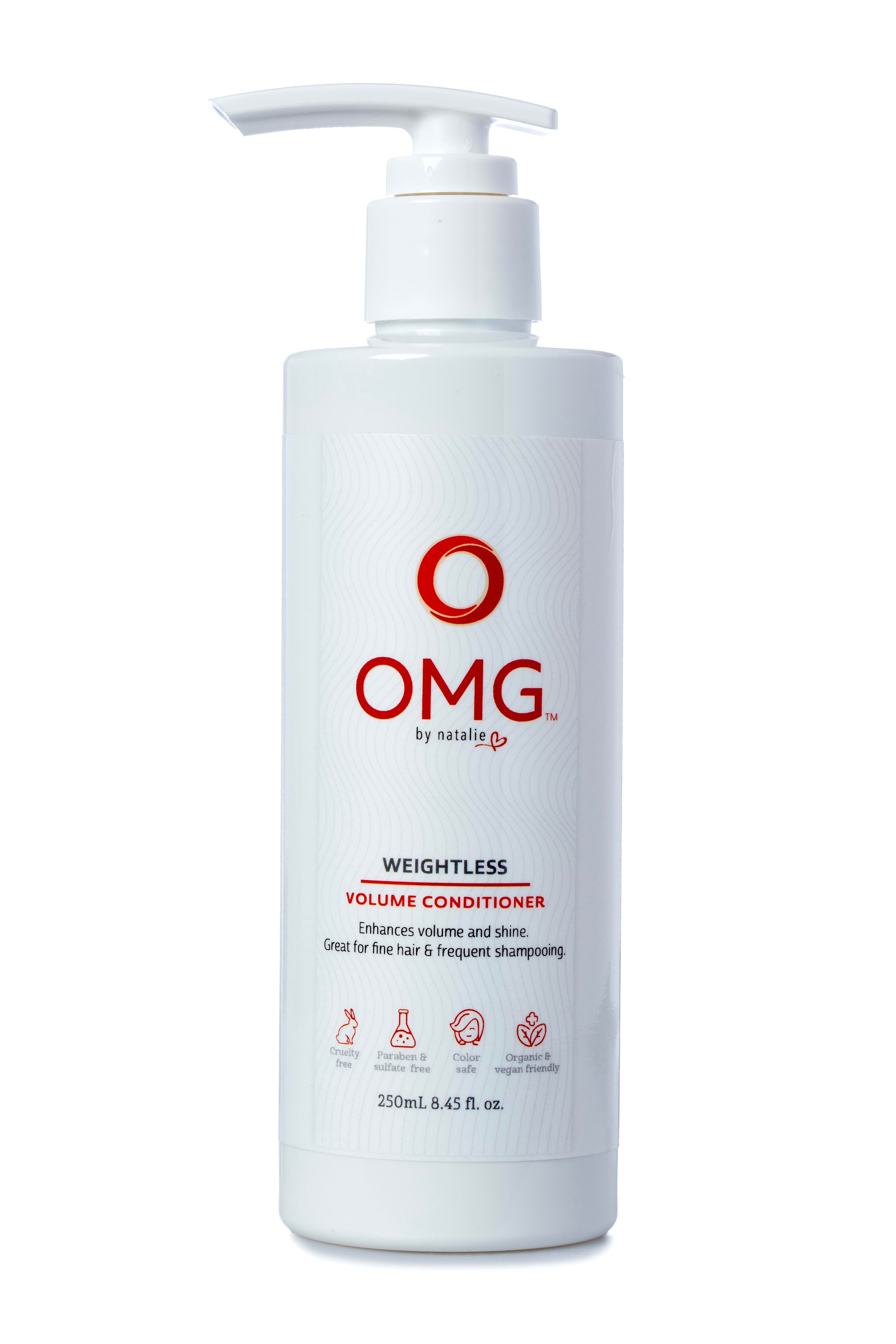 OMG Weightless Volume Conditioner. 8.45 fl. oz. White pump bottle. Enhances volume and shine, perfect for fine hair and frequent use. Cruelty Free, Paraben and Sulphate Free, Color Safe, Natural and Certified Organic Ingredients, Vegan Friendly.