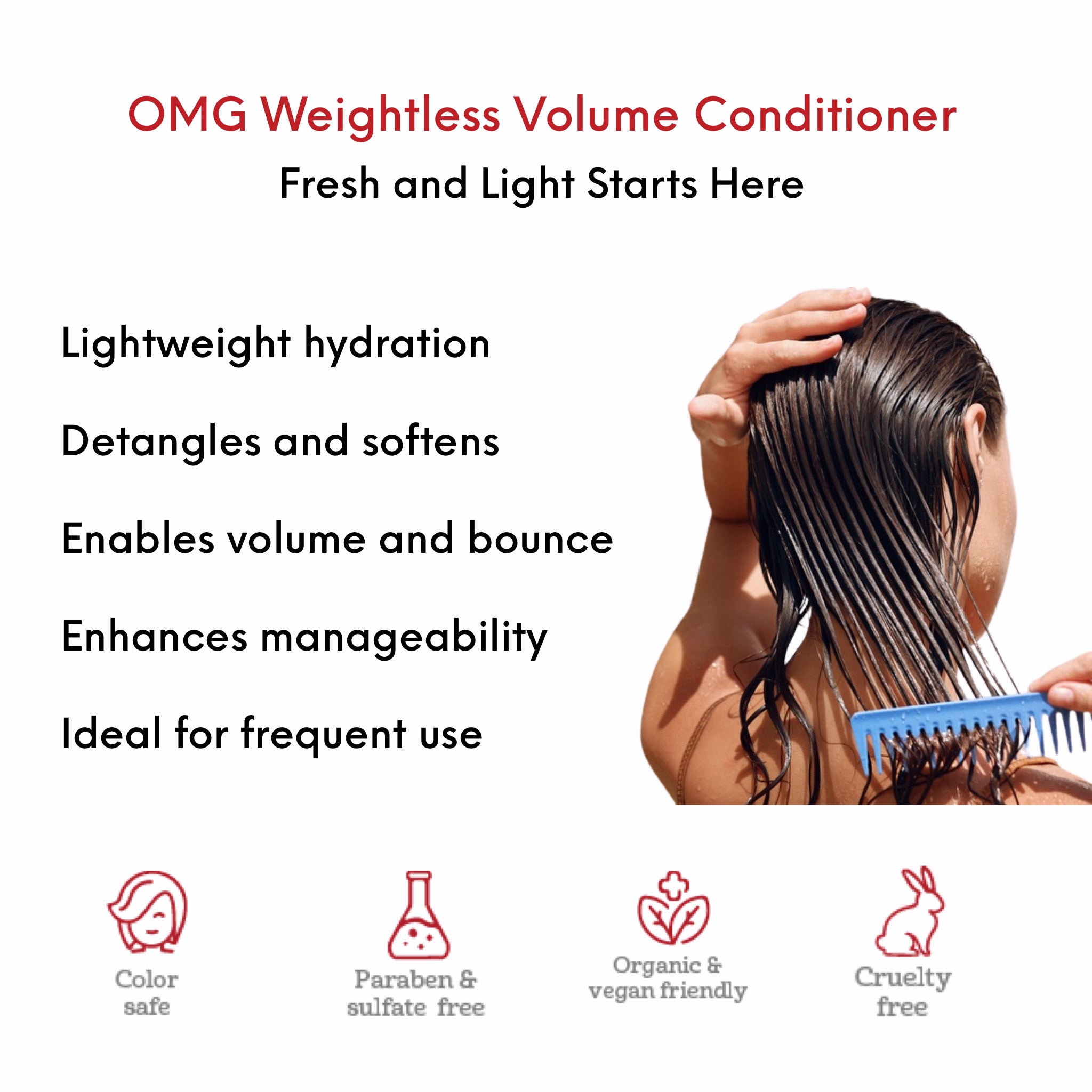 OMG Weightless Volume Conditioner benefits and use card showing woman using OMG Weightless Volume Conditioner to detangle and hydrate fine hair. Lightweight hydration enables volume and bounce, ideal for frequent use.