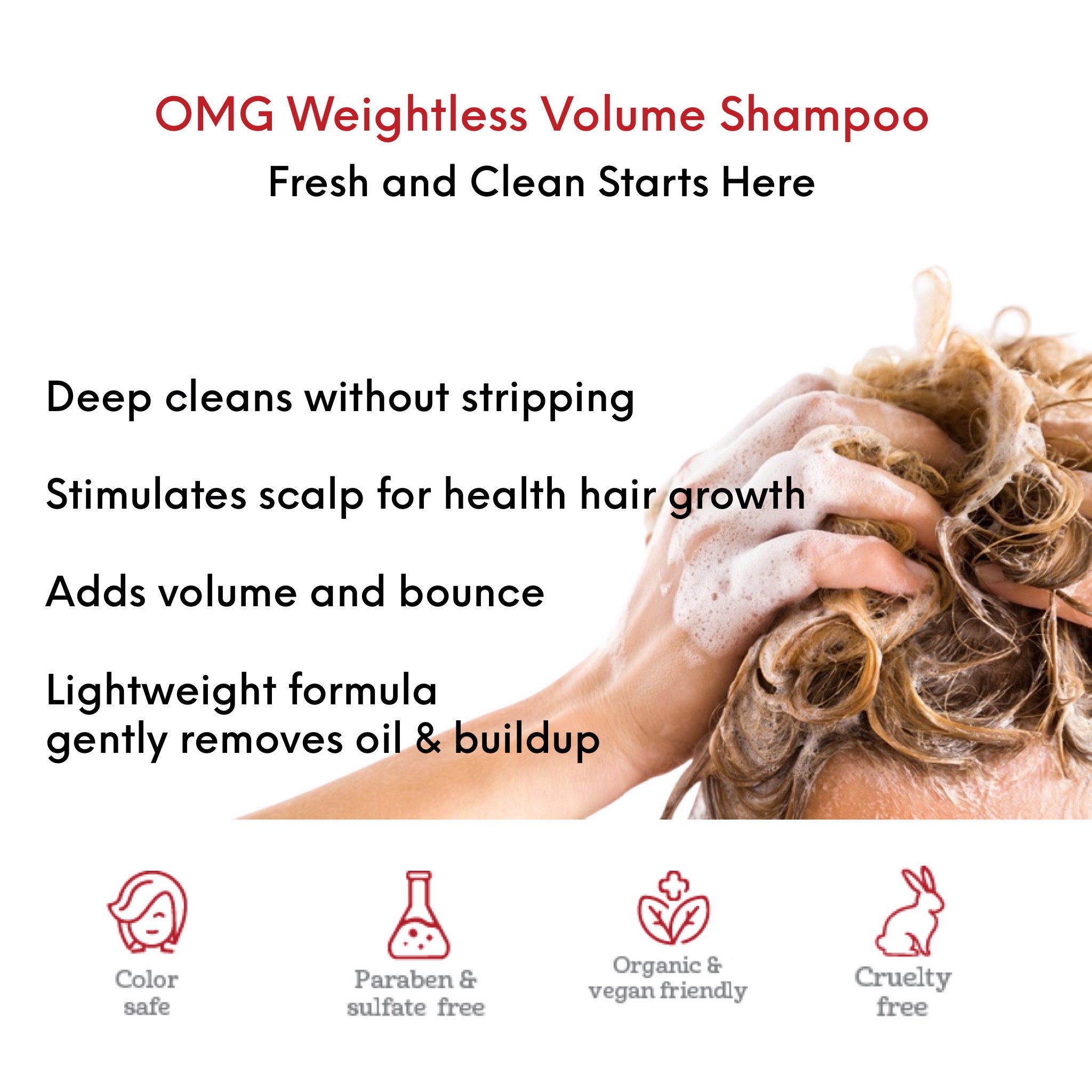 OMG Weightless Volume Shampoo benefits and use card showing woman with fine hair shampooing with OMG Weightless Volume Shampoo to gently cleanse and hydrate fine hair and treat oily scalp. Deeps cleans without stripping, gently removes oil and buildup. Stimulates scalp for healthy hair growth.
