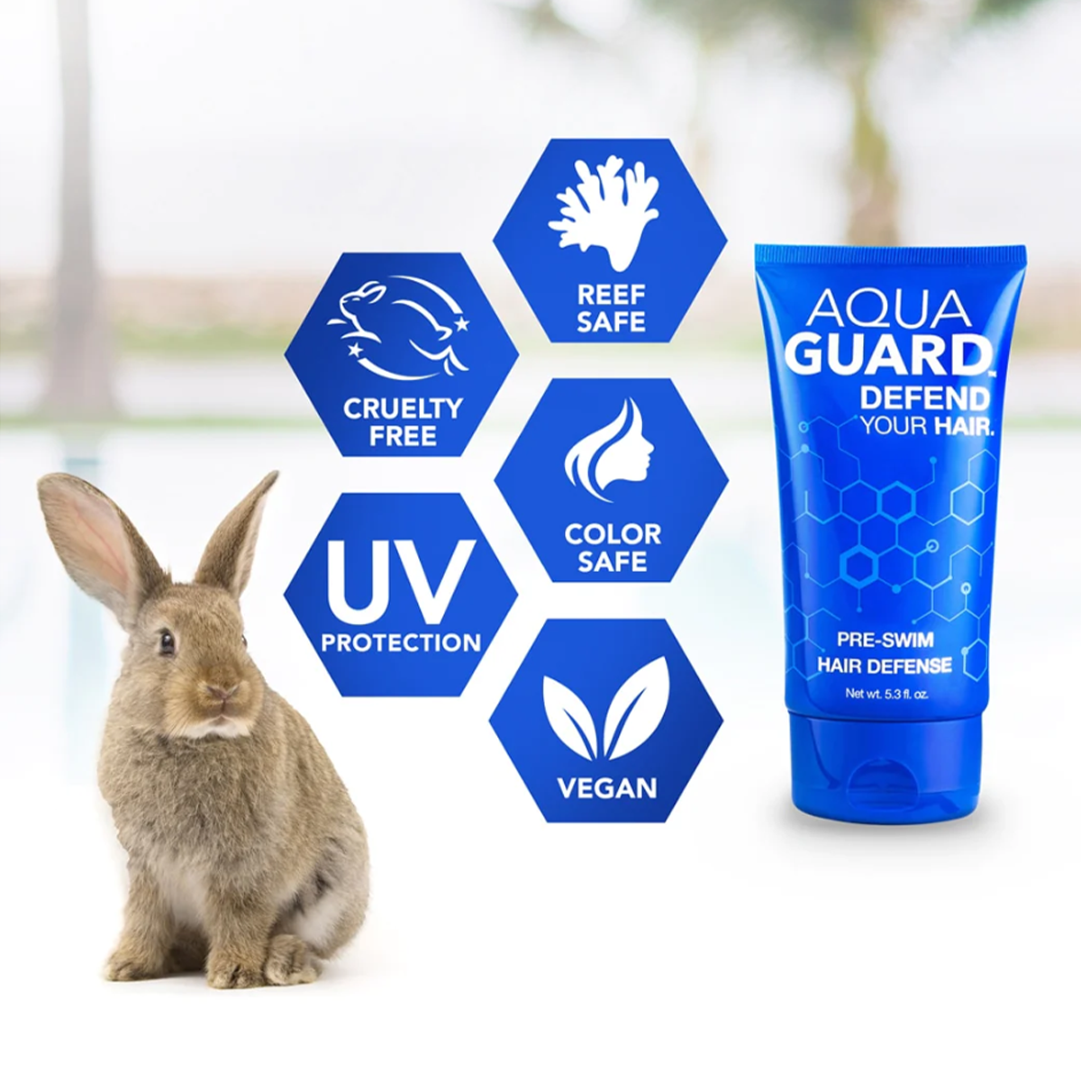 Aquaguard Pre-Swim Hair Defense 5.3 fl. oz. blue tube provides UV protection, is vegan and cruelty free. color safe, reef safe.