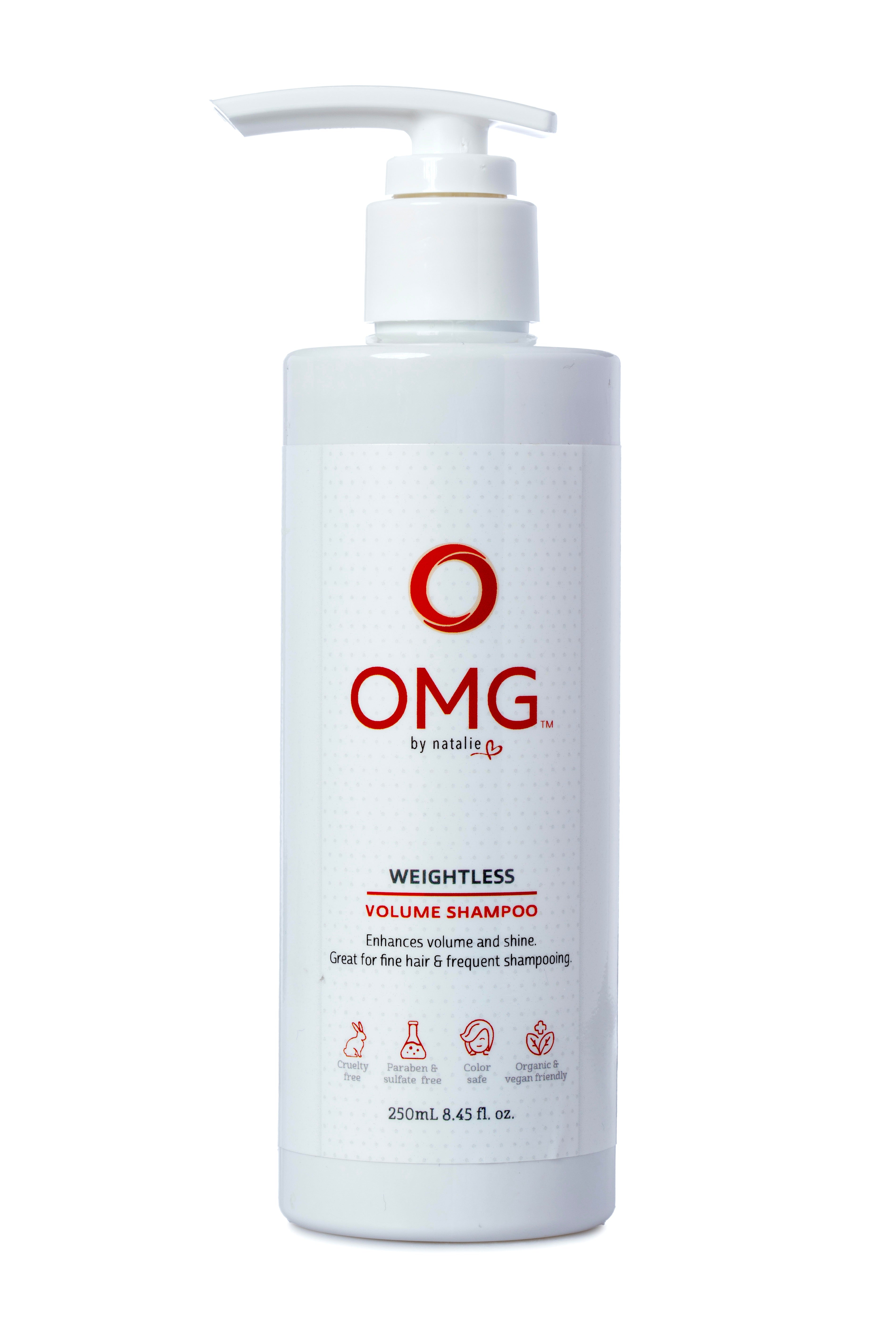 OMG Weightless Volume Shampoo.  8.45 fl. oz. White pump bottle. Enhances volume and shine, perfect for fine hair and frequent use. Cruelty Free, Paraben and Sulphate Free, Color Safe, Natural and Certified Organic Ingredients, Vegan Friendly.