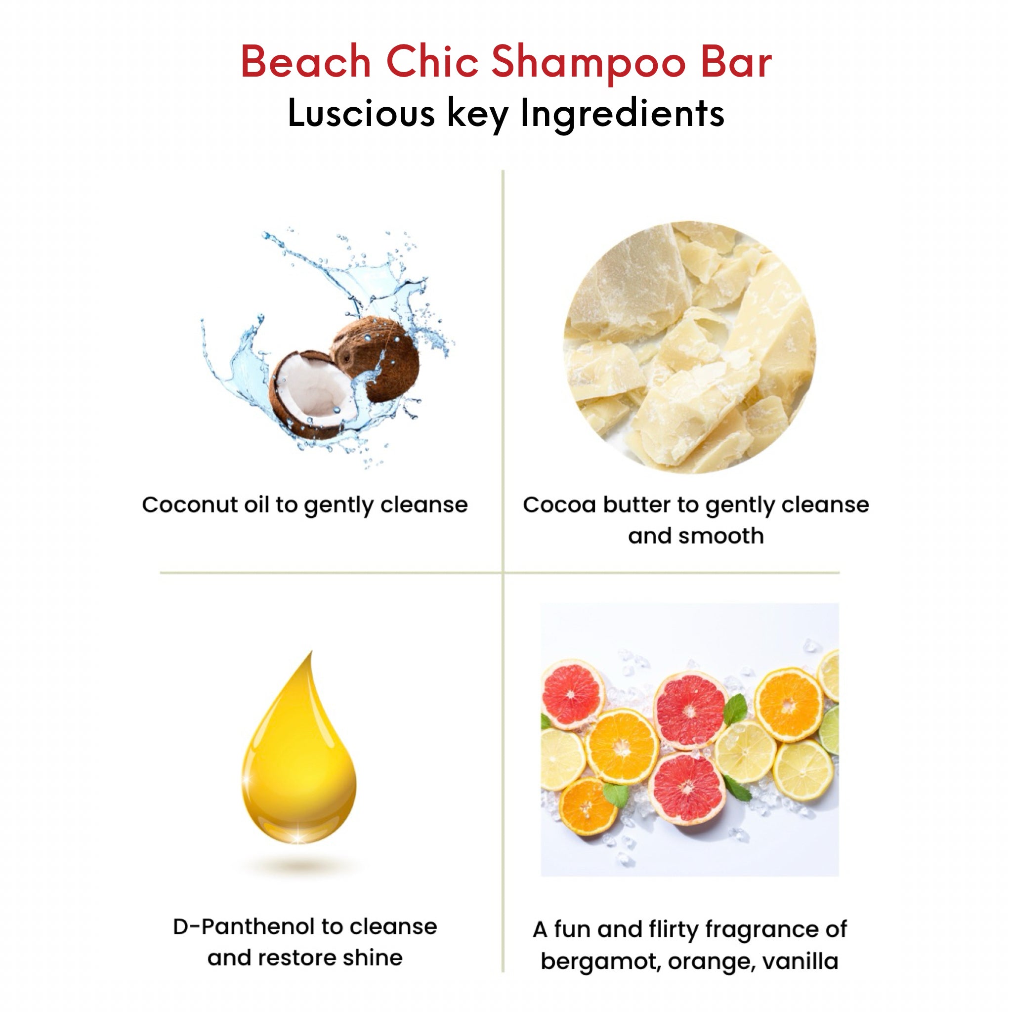 OMG Beach Chic Shampoo Bar key ingredients.  Coconut oil to gently cleanse.  Cocoa butter to gently cleanse and smooth.  D-Panthenol to cleanse and restore shine. A fun and flirty fragrance of bergamot, orange and vanilla.