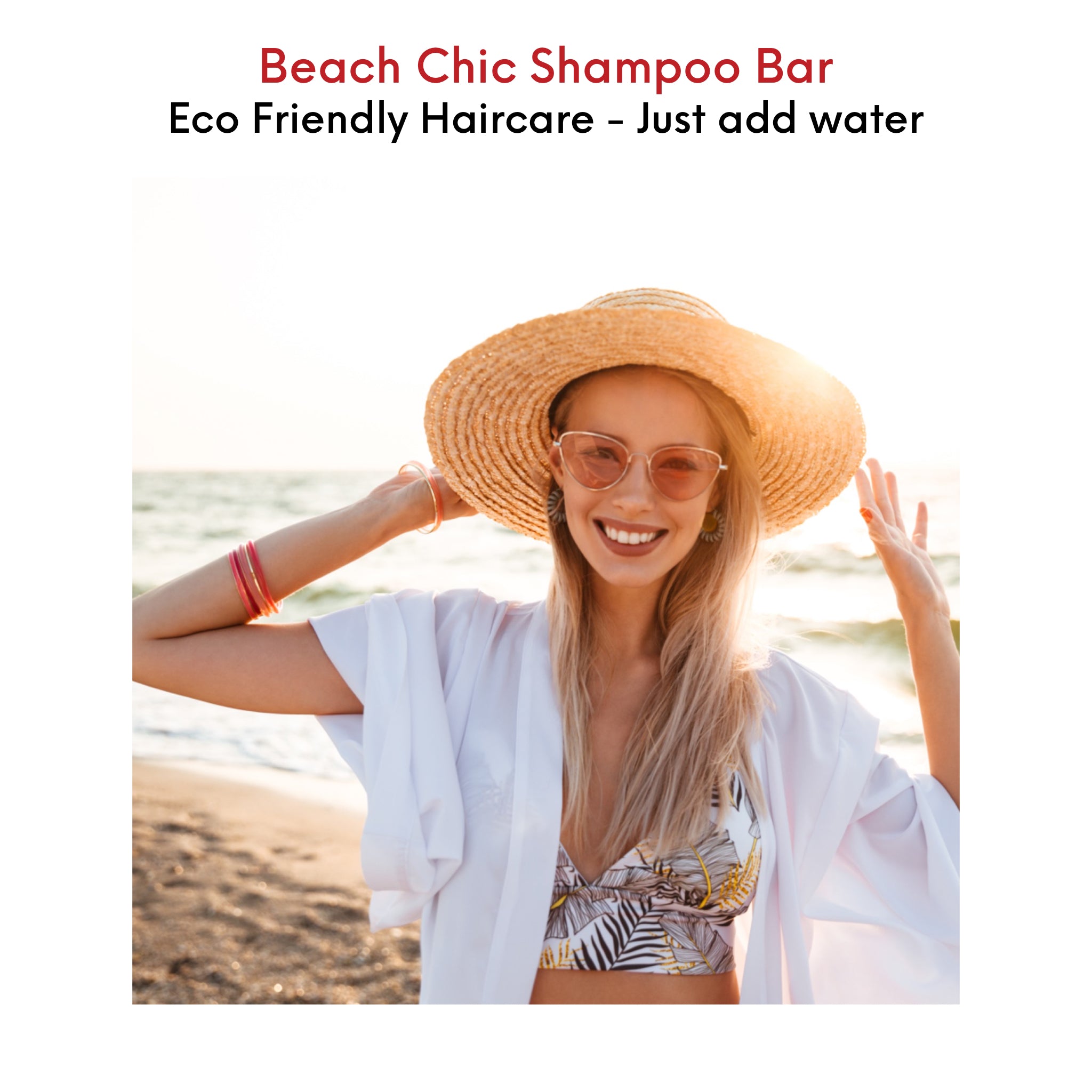 Beach inspired, Chic young woman having fun at beach, enjoys eco-friendly haircare.