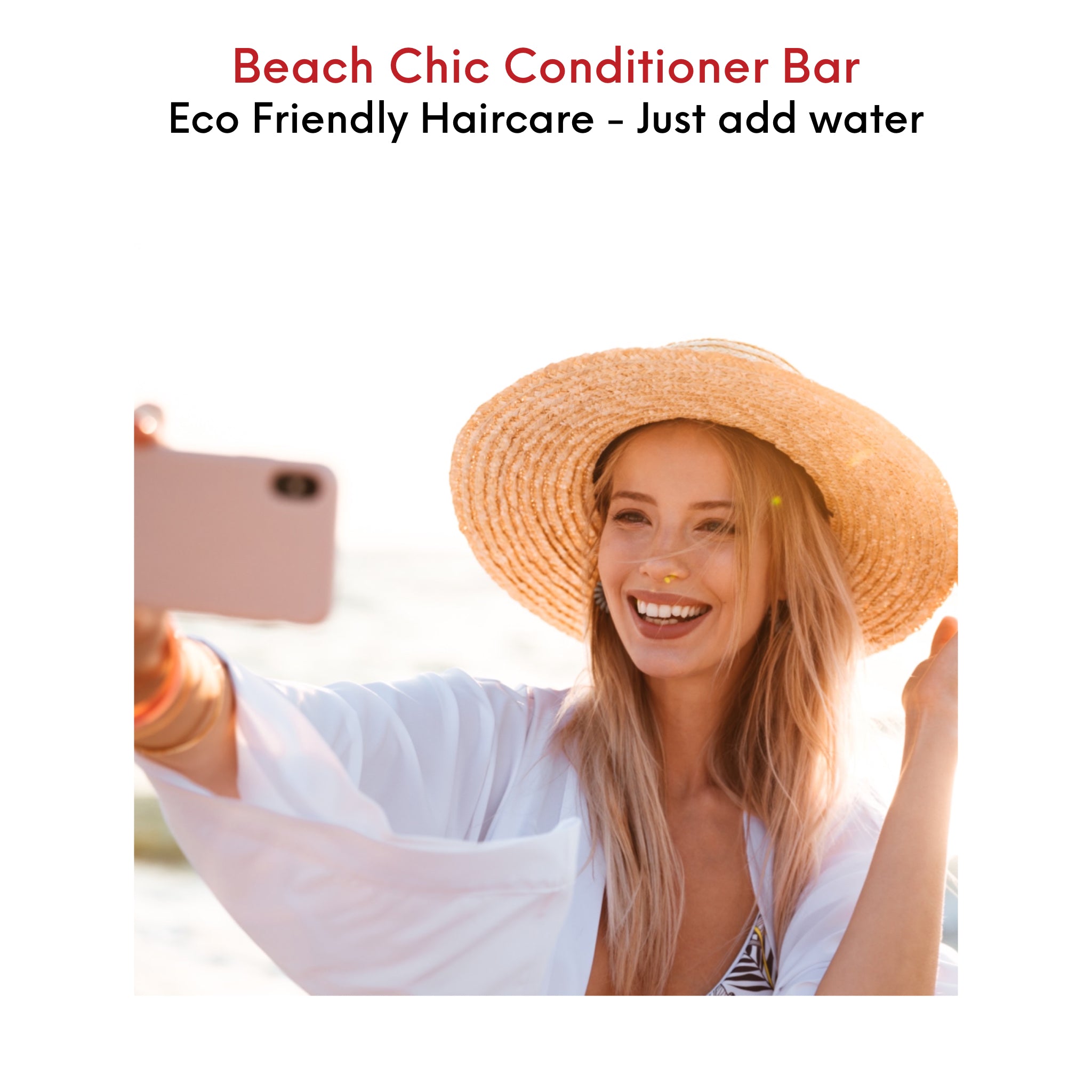 Beach inspired, Chic young woman taking selfie with beautiful hair, enjoys eco-friendly haircare.