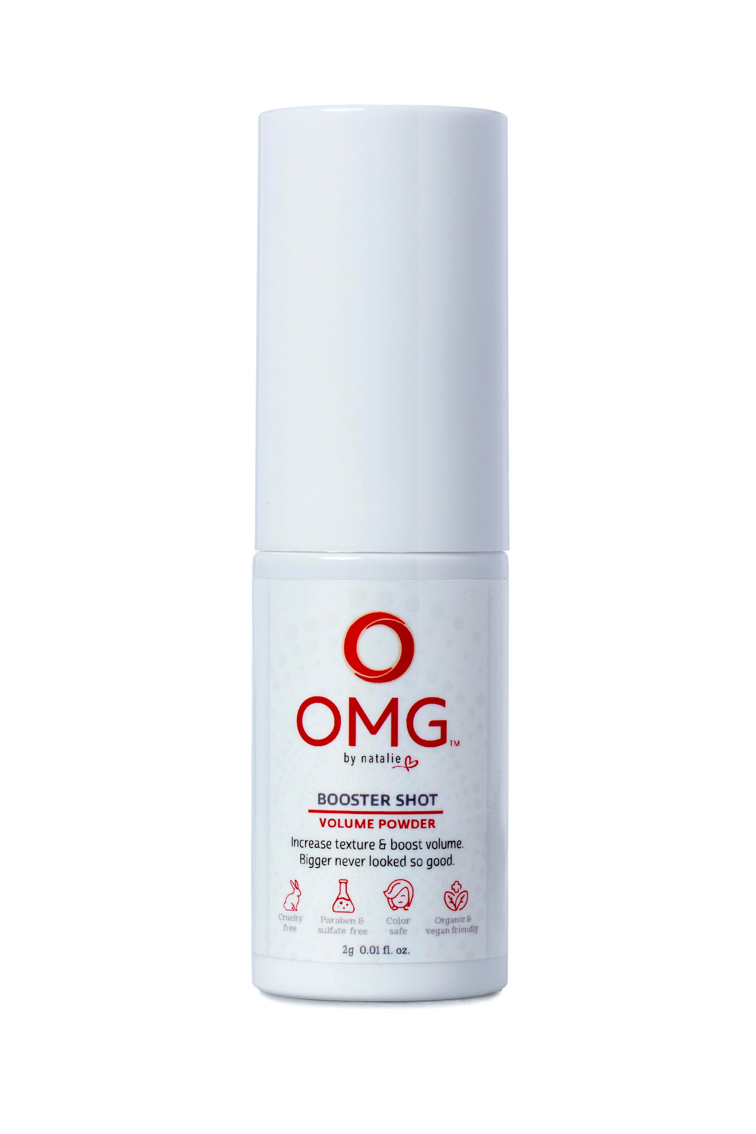 OMG Booster Shot Volume Powder, increases hair texture & boosts volume .01  fl. oz. white pump bottle. Paraben & sulphate free, color safe, natural and certified organic ingredients, vegan friendly.