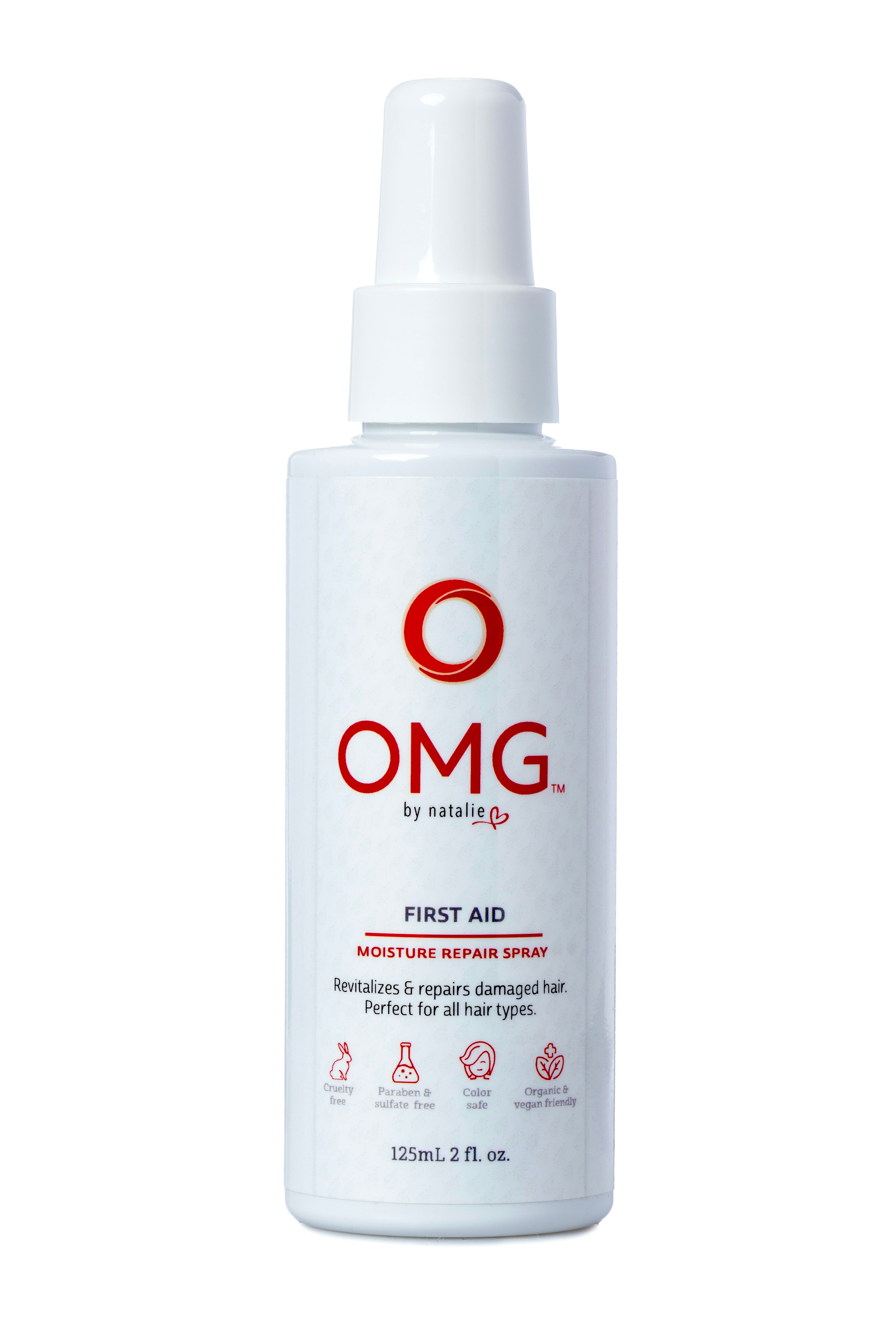 OMG First Aid Moisture Repair Spray, r 2 fl. oz. white spray bottle. Revitalizes and reapairs, paraben & sulphate free, color safe, natural and certified organic ingredients, vegan friendly.