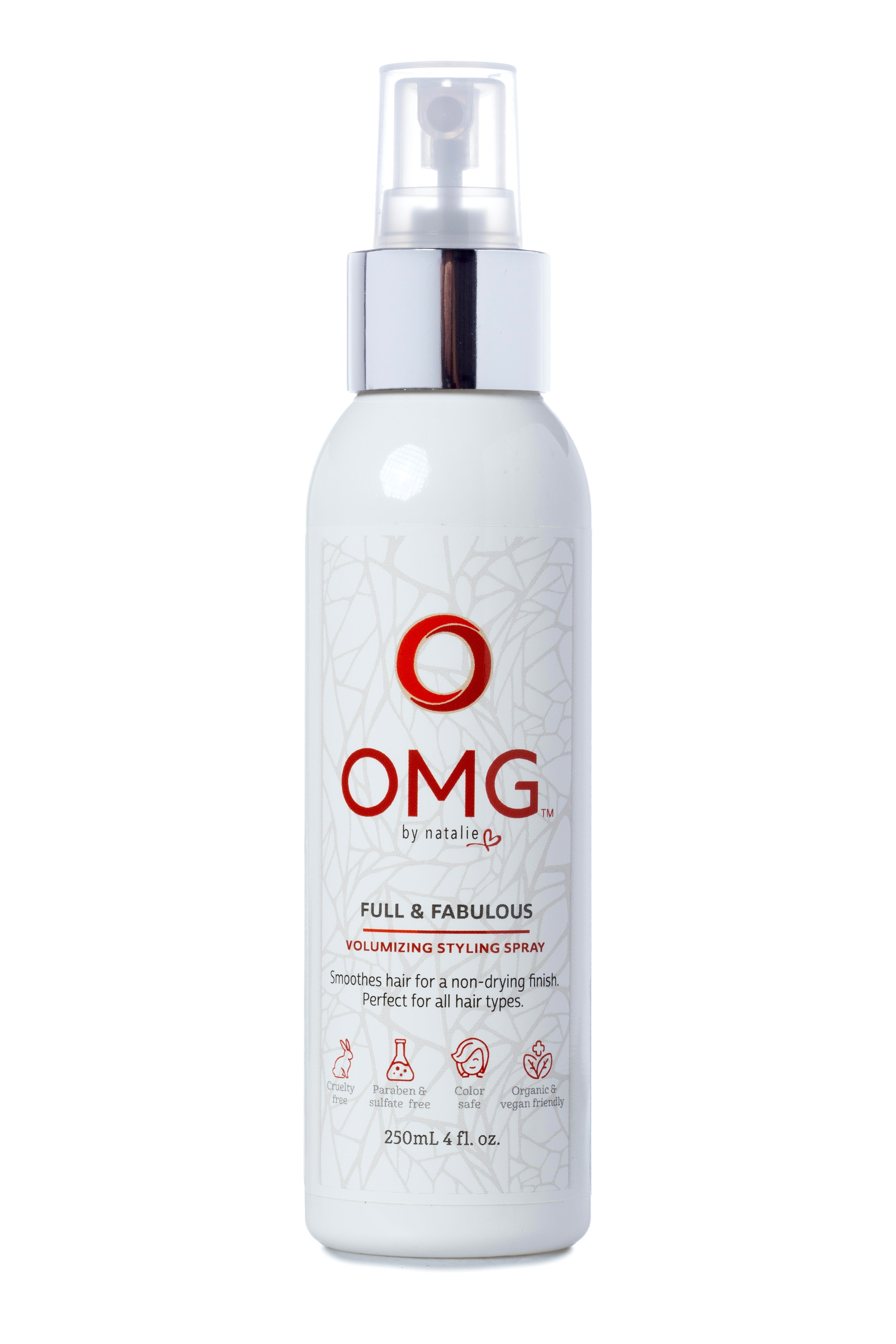 OMG Full & Fabulous Volumizing Styling Spray 4 fl. oz. white spray bottle. Volume and root lift without heaviness and stickiness. Paraben & sulphate free, color safe, natural and certified organic ingredients, vegan friendly.