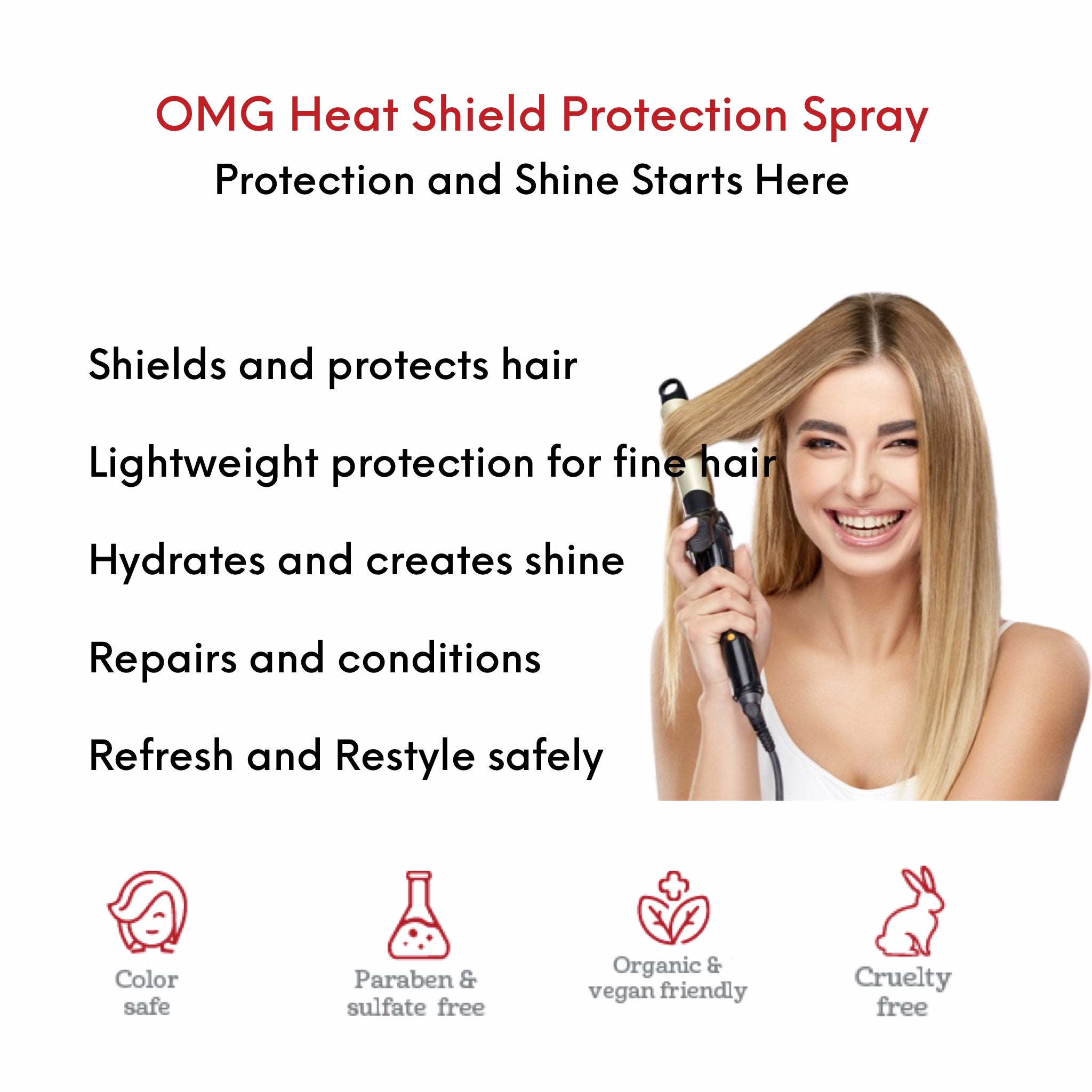 OMG Heat Shield Protection Spray benefits and use card showing woman using a flat iron after lightly misting hair with OMG Heat Shield Protection Spray to shield and protect hair from heat, to refresh and restyle safely.