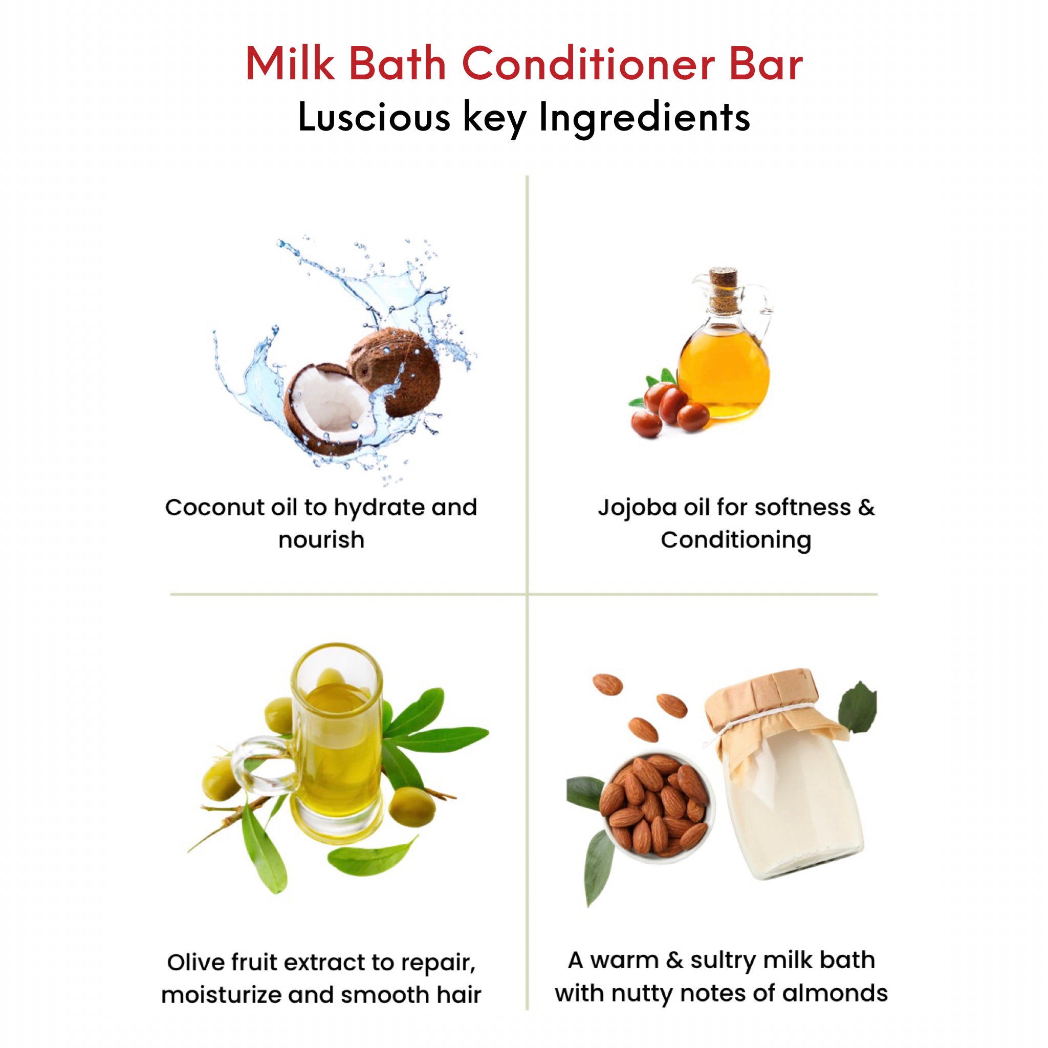 OMG Milk Bath Conditioner Bar. Coconut oil to hydrate and nourish.  Jojoba oil for softness and conditioning. Olive fruit extract to moisturize and smooth hair.  A warm and sultry milk bath fragrance with nutty notes of almonds.