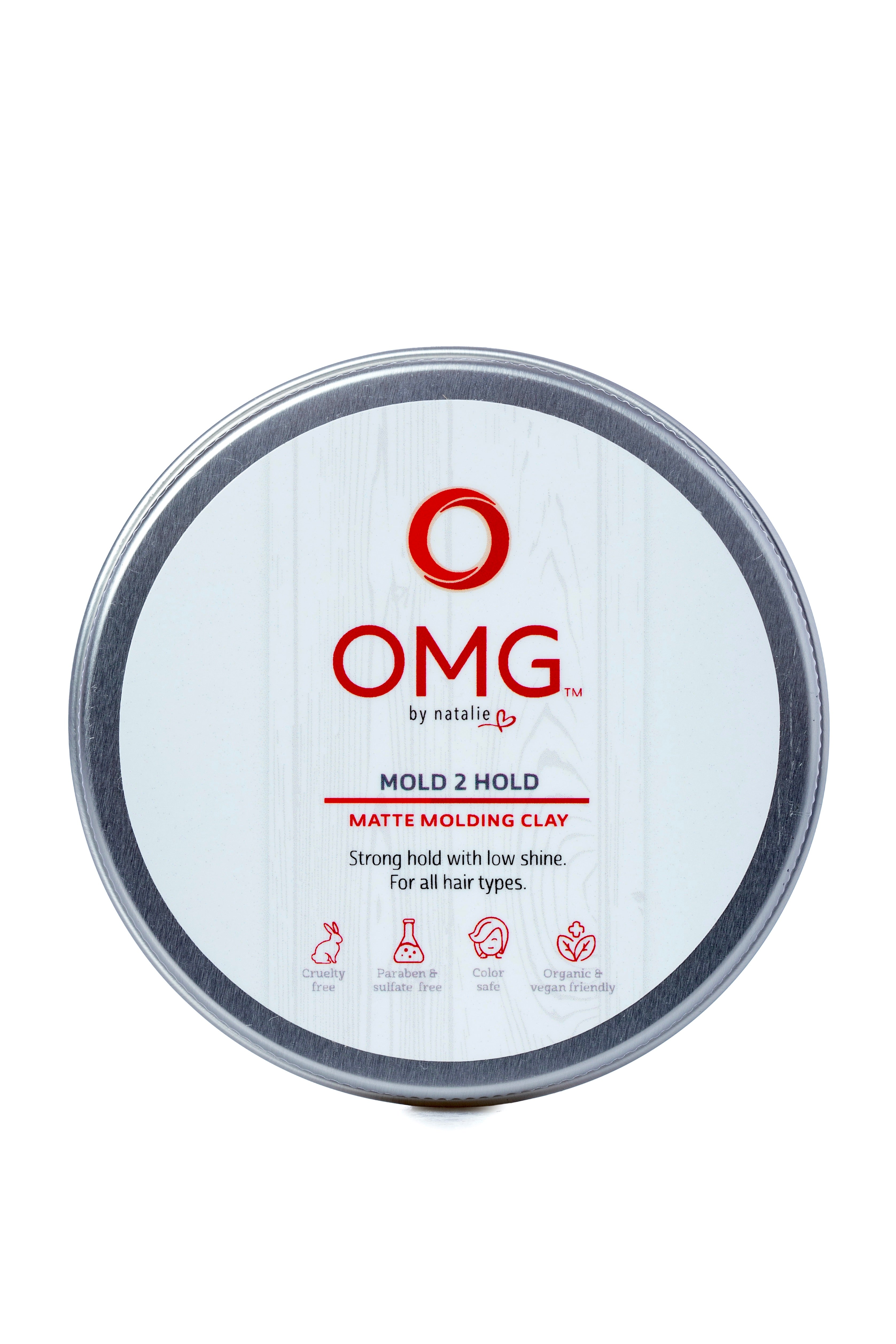 OMG Mold 2 Hold Matte Molding Clay 3.5 fl. oz. Aluminum flat round tin.  Strong hold, low shine. Paraben & sulphate free, color safe, natural and certified organic ingredients, vegan friendly