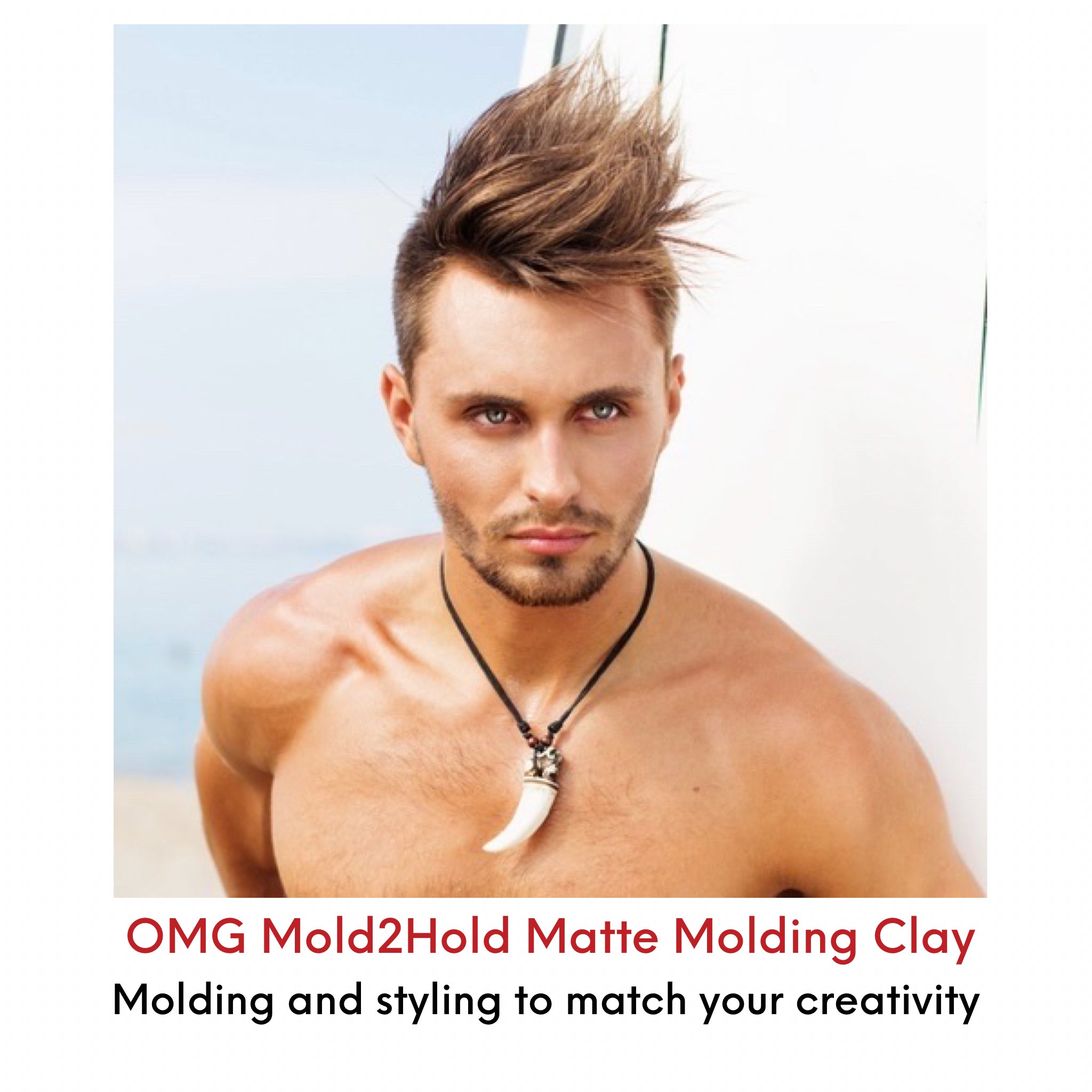 Sexy looking guy with fun short hairstyle as creative and fun as his personality.  Styled with OMG Matte Molding Clay.