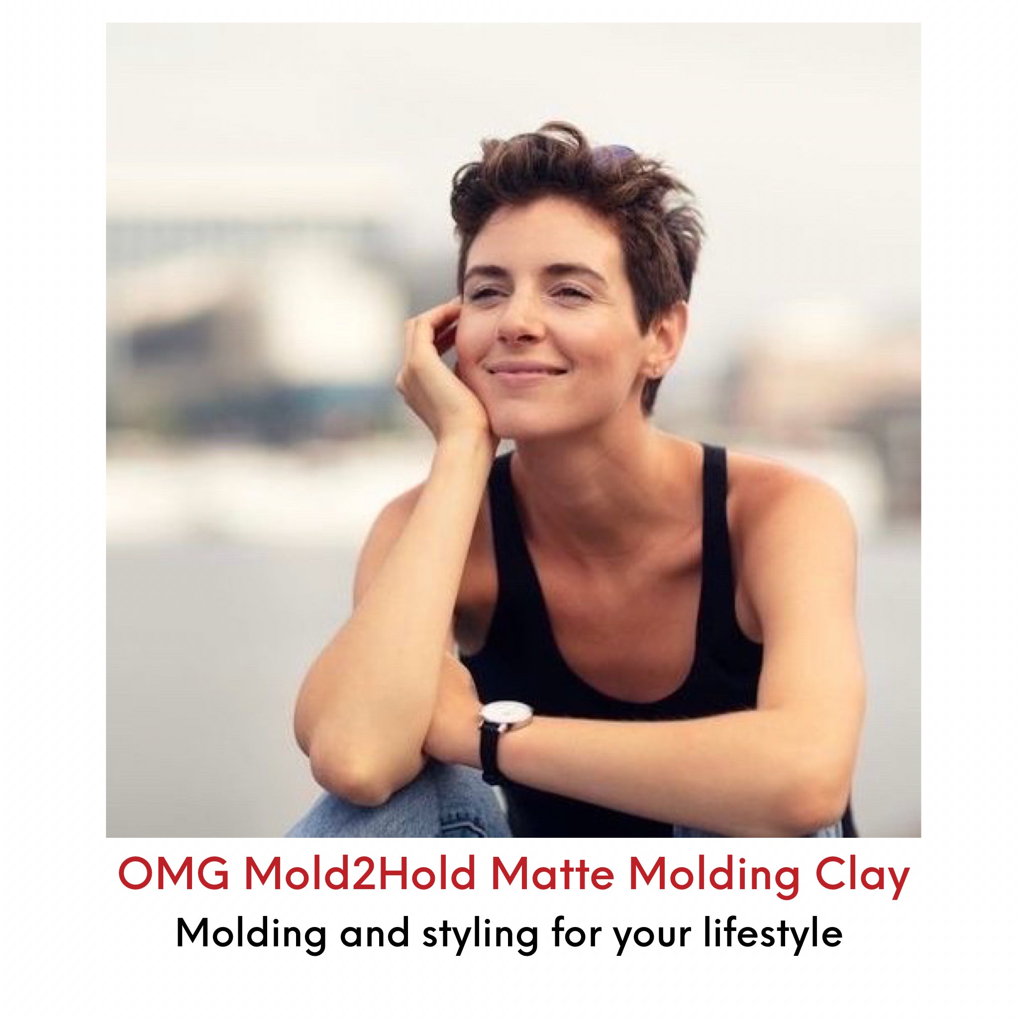Happy woman with flattering short, chic haircut styled with OMG Mold 2 Hold Matte Molding paste.  Keeping hair just where you want it.