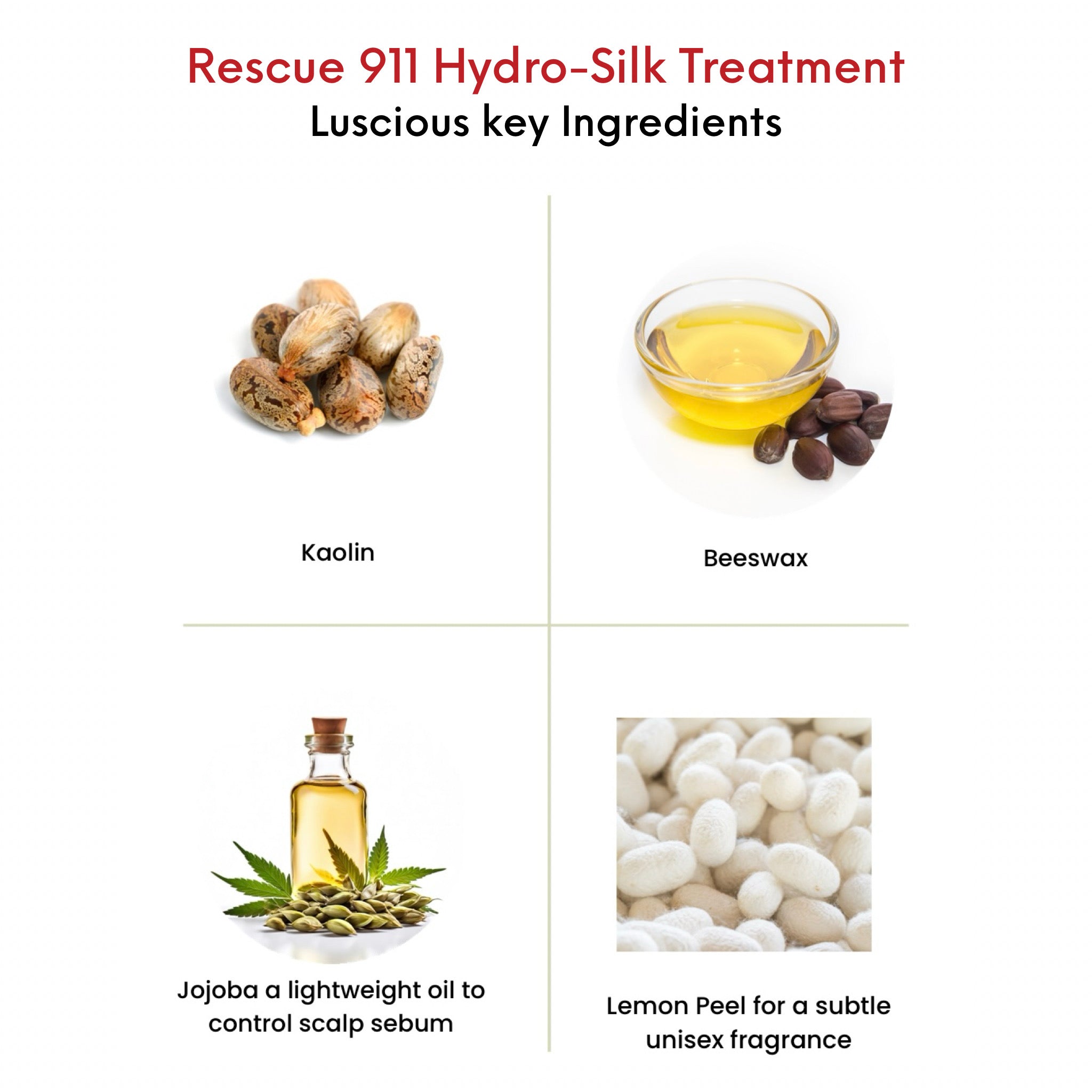 OMG Rescue 911 Hydro Silk Treatment Key Ingredients.  Castor Seed Oil to soften and improve hair texture.  Jojoba Oil to nourish and protect.  Hemp seed oil rich in Omega's for moisture and strengthening.  Silk Amino acids to boost elasticity and moisture retention.