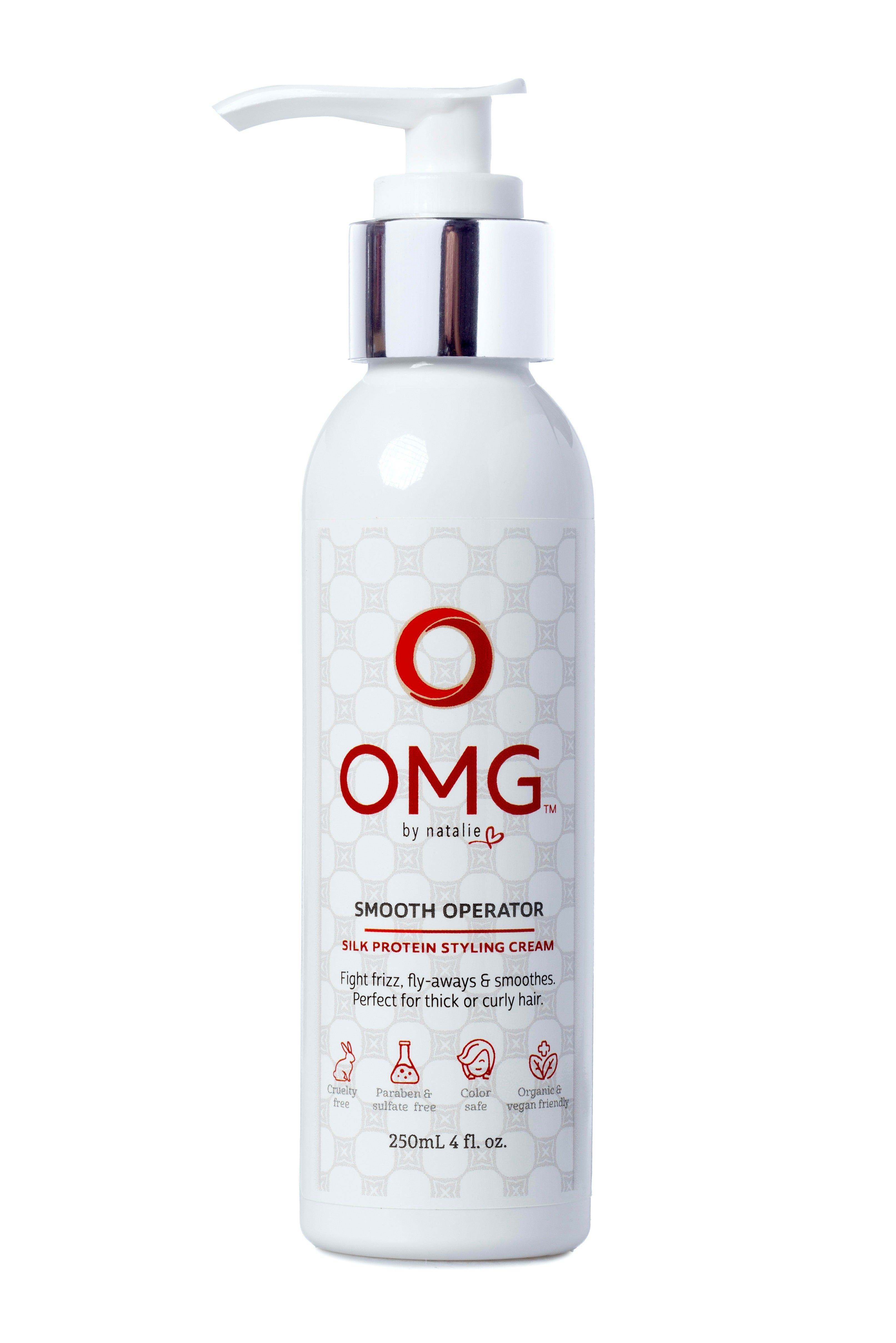 OMG Smooth Operator Silk Protein Styling Cream.  4 fl. oz. white pump bottle.  OMG Rescue 911 Hydro-Silk Treatment.  4 fl. oz. white pump bottle.      Fights frizz and fly-aways for smooth styling. Cruelty free, Paraben and Sulphate free, Color safe, natural and certified organic ingredients, vegan friendly.