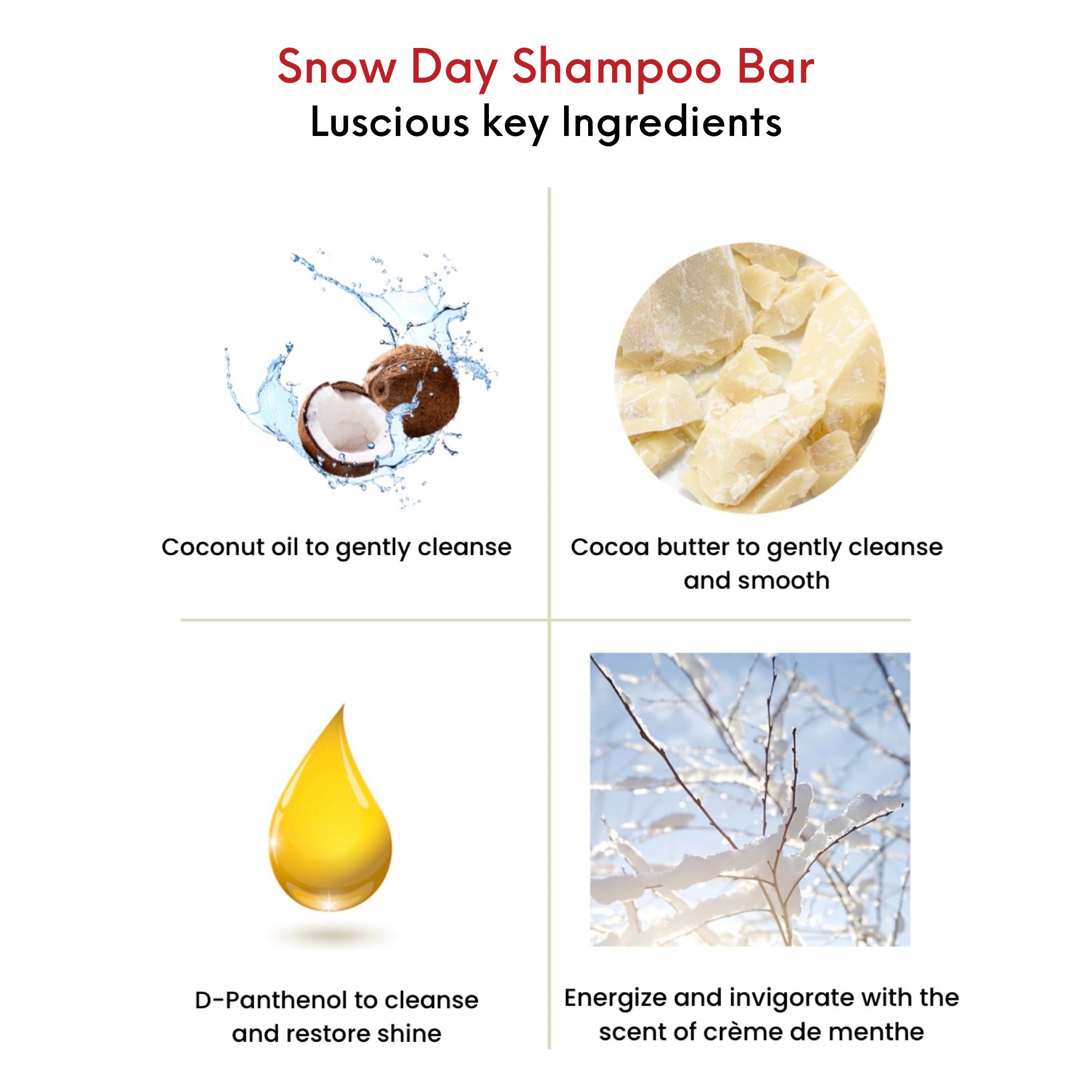 OMG Snow Day Shampoo Bar  key ingredients. Coconut oil to gently cleanse.  Cocoa butter to gently cleanse and smooth.  D-Panthenol to cleanse and restore shine.  Energize and invigorating with the scent of Creme de Menthe.