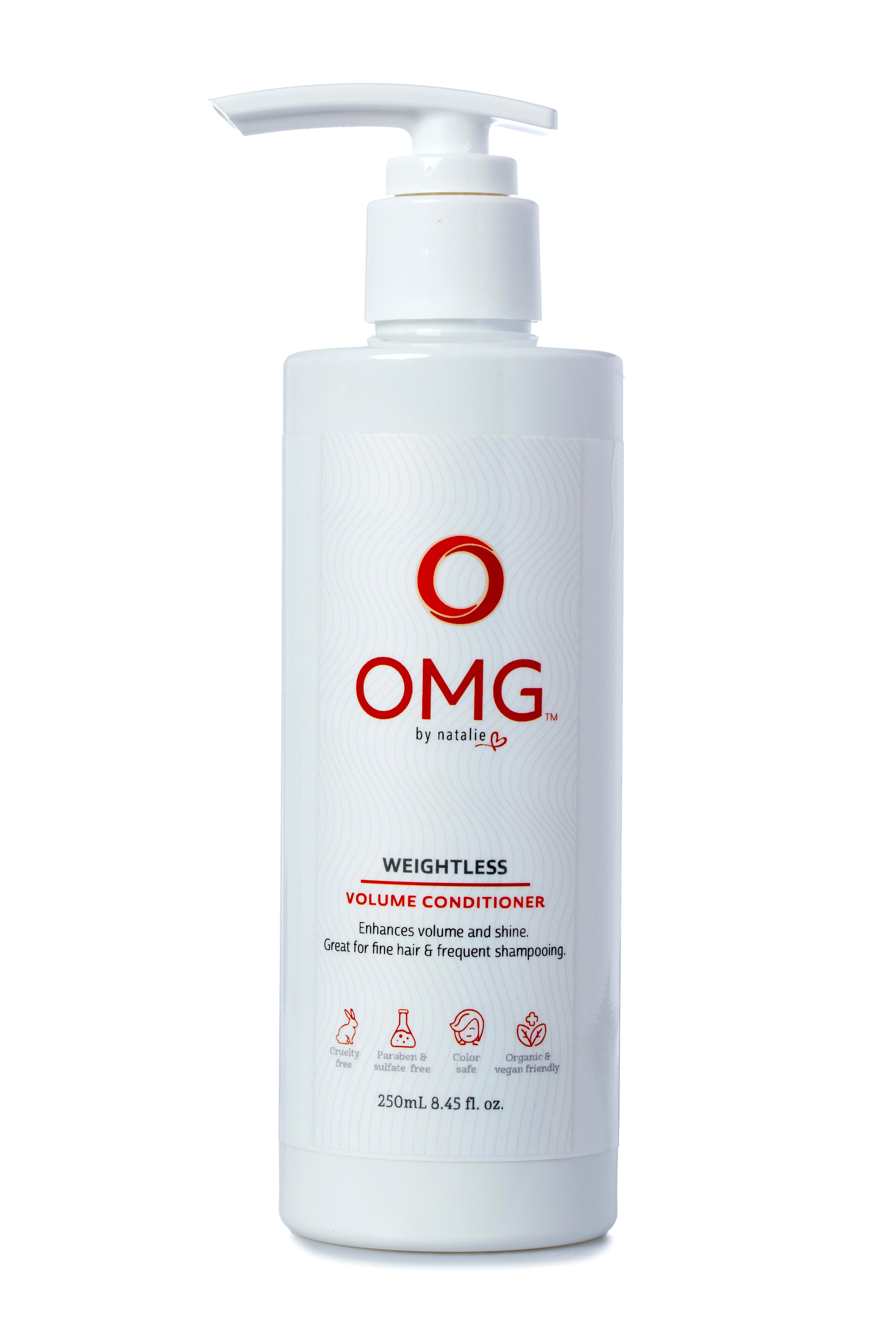 OMG Weightless Volume Conditioner.  8.45 fl. oz. White pump bottle. Enhances volume and shine, perfect for fine hair and frequent use. Cruelty Free, Paraben and Sulphate Free, Color Safe, Natural and Certified Organic Ingredients, Vegan Friendly.